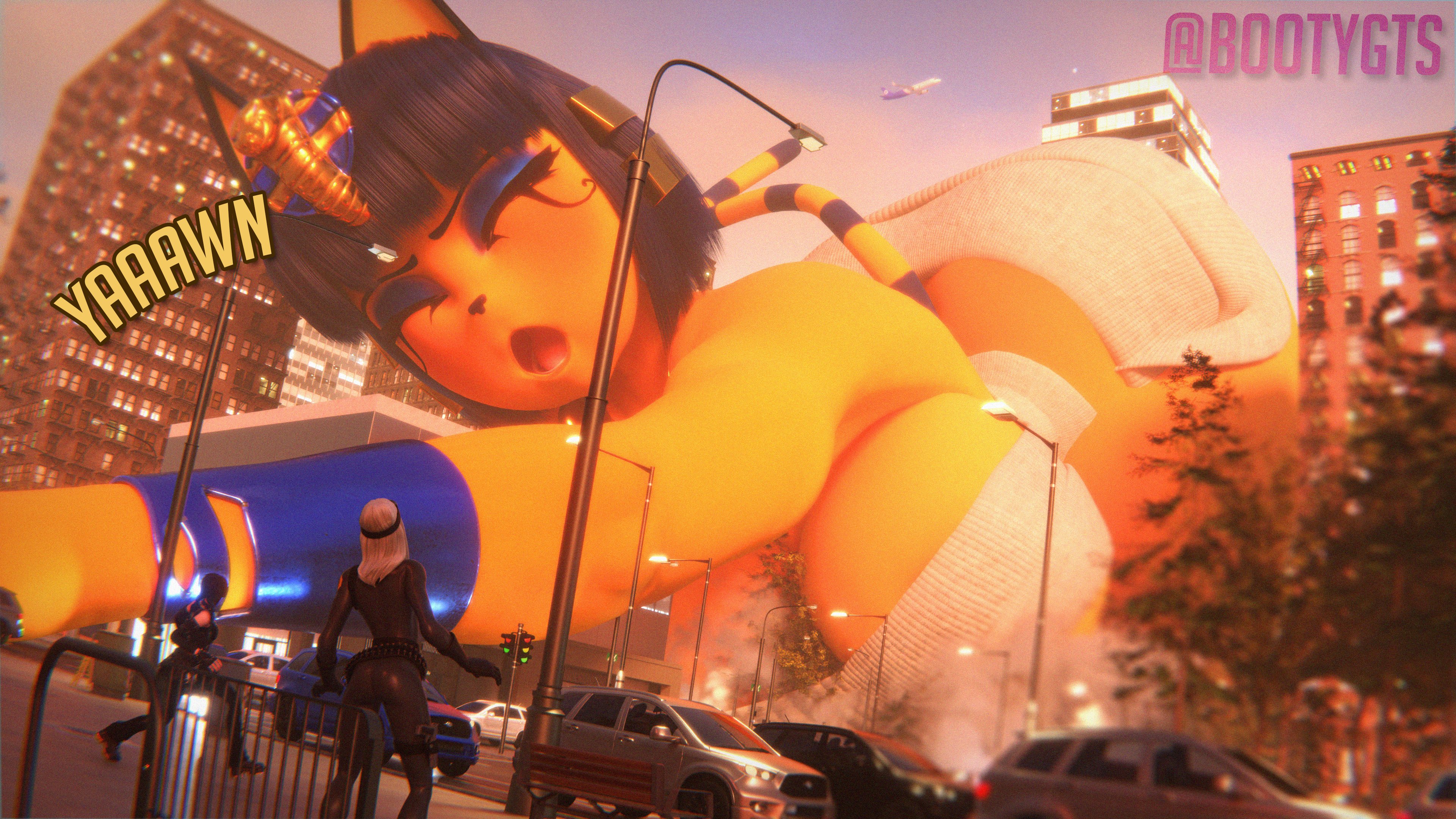 3d, 3d (artwork), 3girls, animal crossing, ankha, ankha (animal crossing), ankha (scrag boy), anthro, anthro female, big breasts, blue hair, blue hair female, bootygts, breasts, building, buildings, city, female, female focus, furry, furry female, furry only, giantess, human female, human females, humann, large boobs, large breasts, macro, macro female, nintendo, scrag (modeler), scrag boy (model)
