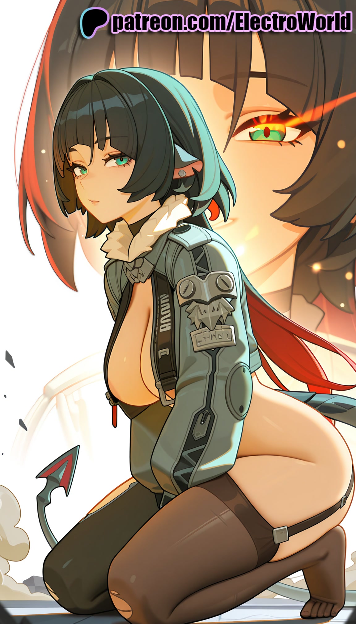1girls, 2026, ai generated, artist name, breasts, bust, chest, cleavage, electroworld, female, green eyes, hi res, high quality, high resolution, highres, jane doe (zenless zone zero), patreon, patreon username, short hair, stable diffusion, torn clothes, torn legwear, watermark, zenless zone zero
