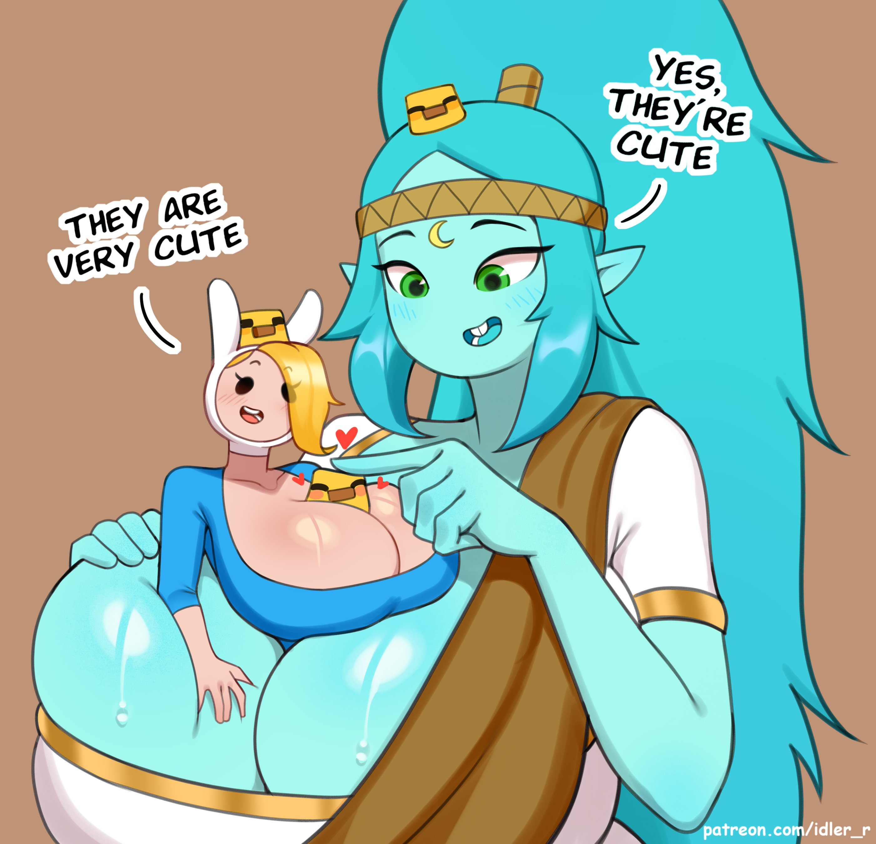 2d, 2d (artwork), 2d artwork, adventure time, animals, avian, baby chicken (minecraft), between breasts, blue body, blue skin, blush, breasts, canyon (adventure time), cartoon, cartoon network, chicken (minecraft), cute, cute expression, eyelashes, female, fionna and cake, fionna the human girl, hair, heart, idler r, lips, minecraft, minecraft mob, motion lines, simple eyes