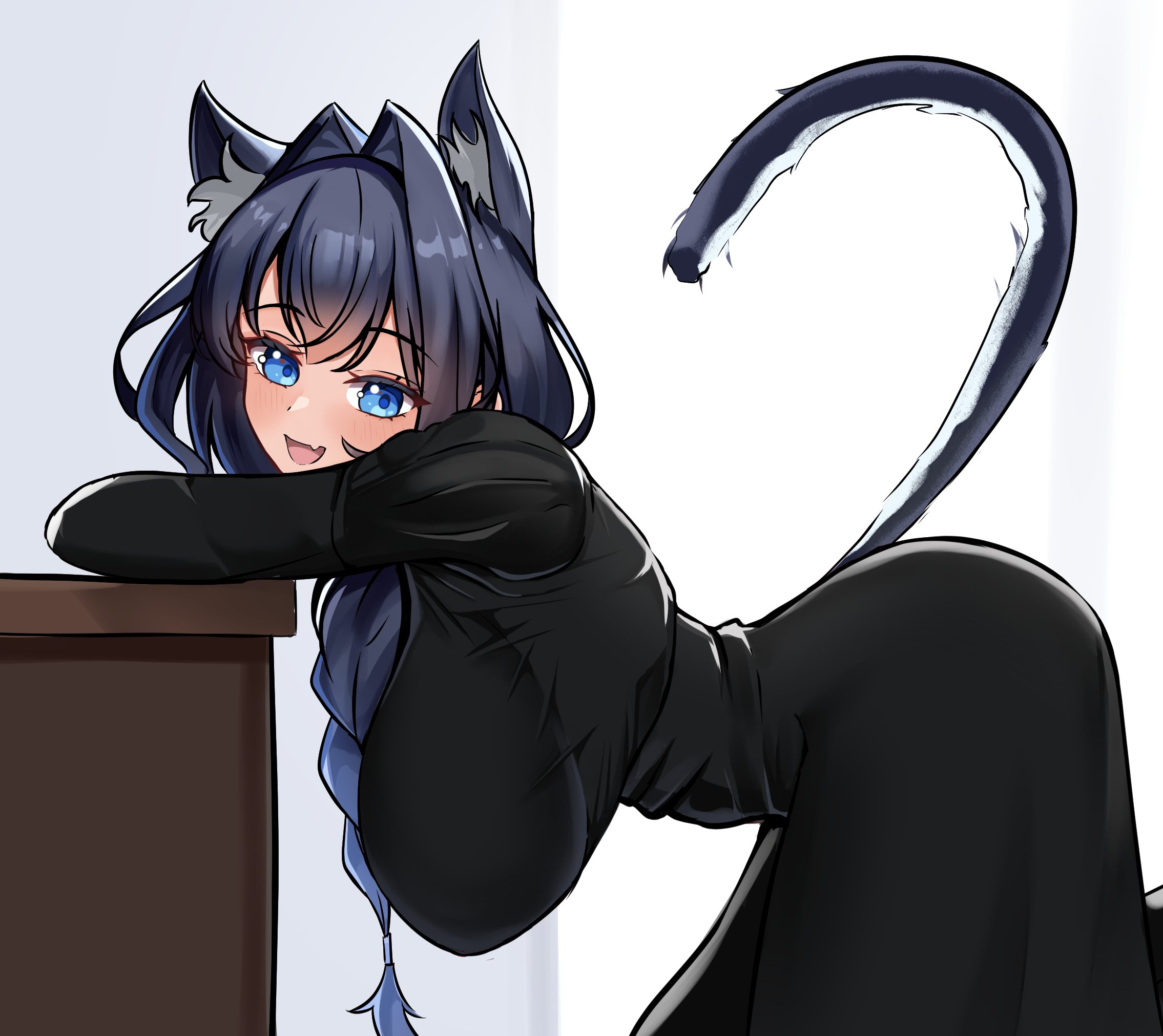 animal ear fluff, animal ears, bent over, black dress, blue eyes, blue hair, blush, braid, breasts, cat ears, cat girl, cat tail, closed mouth, dot nose, dress, female, female only, grey background, hair between eyes, hair intakes, hanging breasts, highres, hololive, hololive english, huge breasts, juliet sleeves, long dress, long hair, long sleeves, looking at viewer, maid, official alternate costume, official alternate hairstyle, ouro kronii, ouro kronii (maid), panpanmc4, puffy sleeves, smile, solo, tail, two-tone background, victorian maid, virtual youtuber, white background