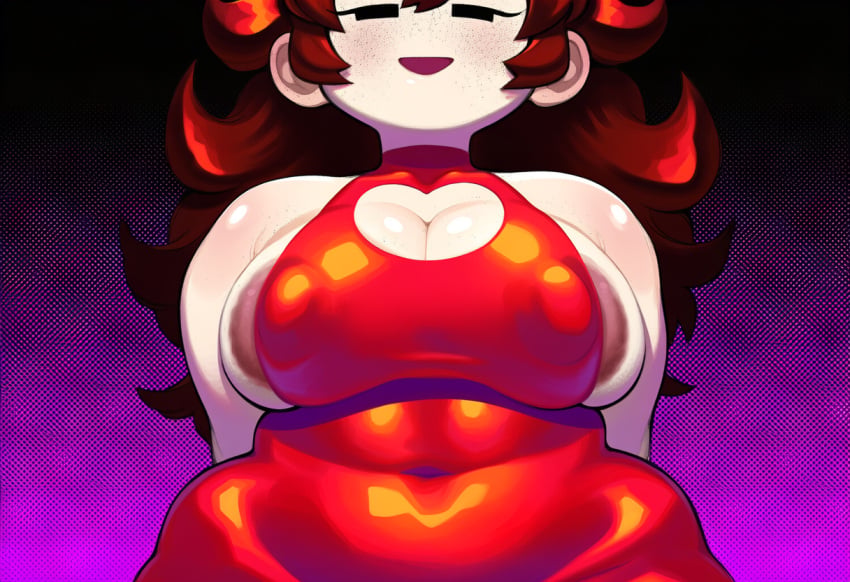 auburn hair, big breasts, boob window, breasts, chubby, friday night funkin, girlfriend (friday night funkin), nipple bulge, nipple outline, nipples, nipples visible through clothing, purple background, tagme, utaro uta