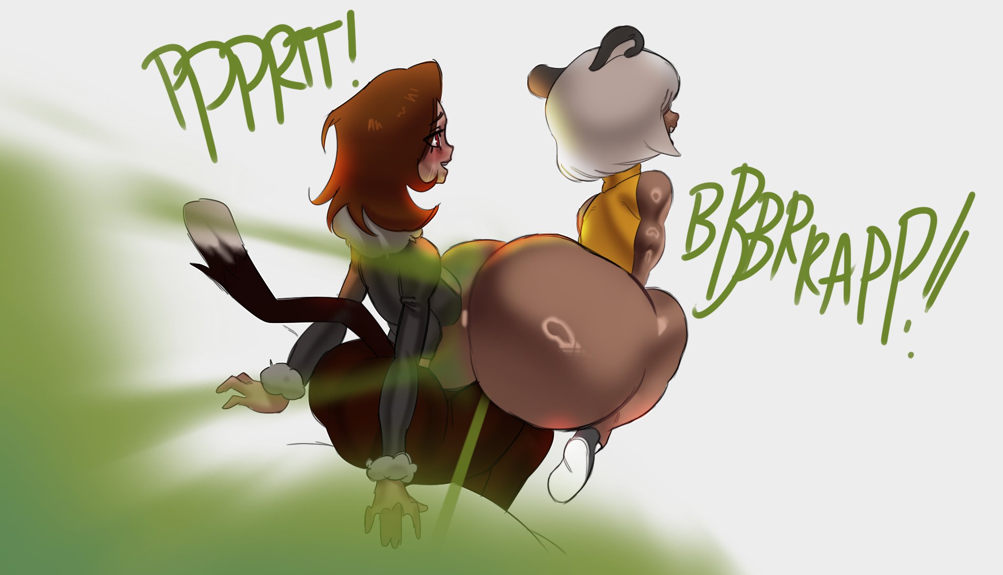 2girls, ass, ass bigger than head, big ass, big butt, blush, bob cut, brown hair, fart, fart cloud, fart fetish, farting, farting on lap, huge ass, huge butt, open mouth, rear view, red eyes, shoulder length hair, sitting, sitting on lap, smile, tail, undergroundj, viewed from behind, white background, white hair, yuri