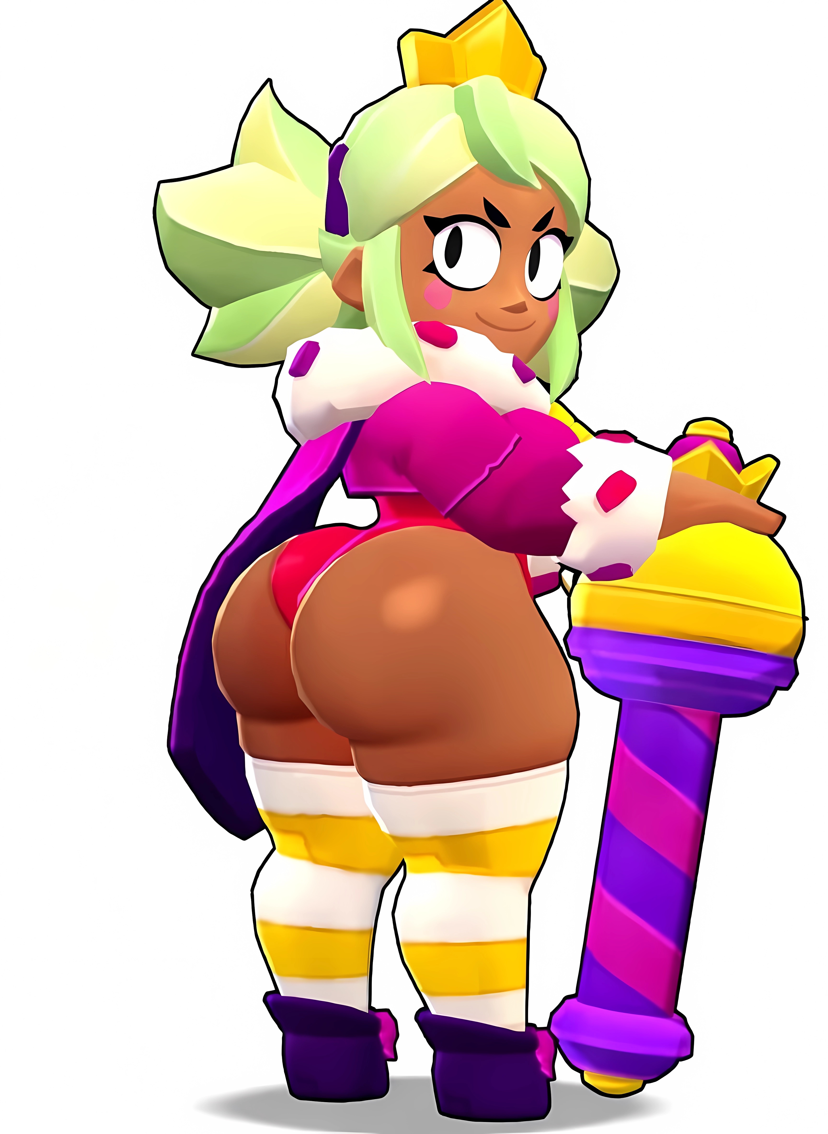 1girls, ai generated, back view, big ass, black eyes, brasil louco, brawl stars, crown, female, female focus, female only, full body, green hair, huge ass, human, looking back, mandy (brawl stars), seductive smile, simple background, solo, supercell, tagme, white background