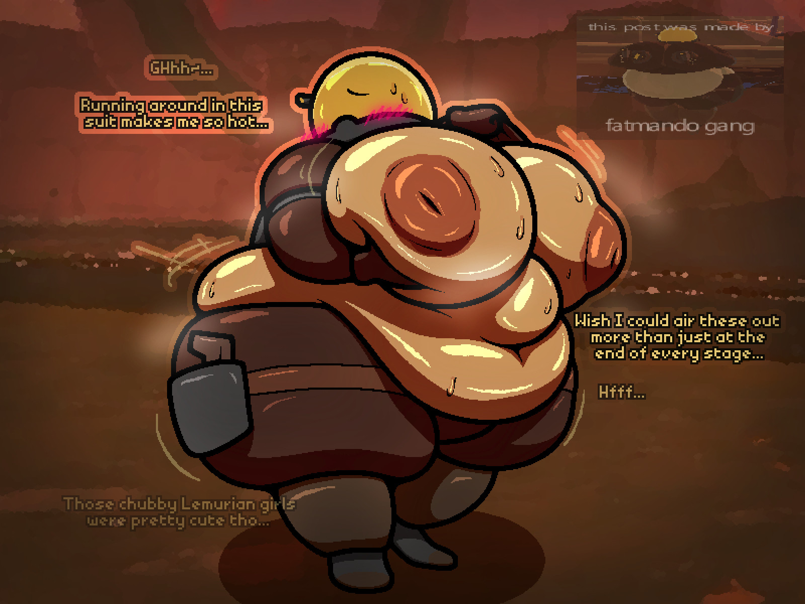 1girls, areolae, bbw, big breasts, blush, blushing, breasts, cleavage, commando (risk of rain), dialogue, female, female human, female only, huge breasts, human, mod, morbidly obese, morbidly obese female, nipples, obese, obese female, overweight, reference image, risk of rain, risk of rain 2, sinflative, solo, solo female, solo focus, tagme, text, thick thighs, wide hips