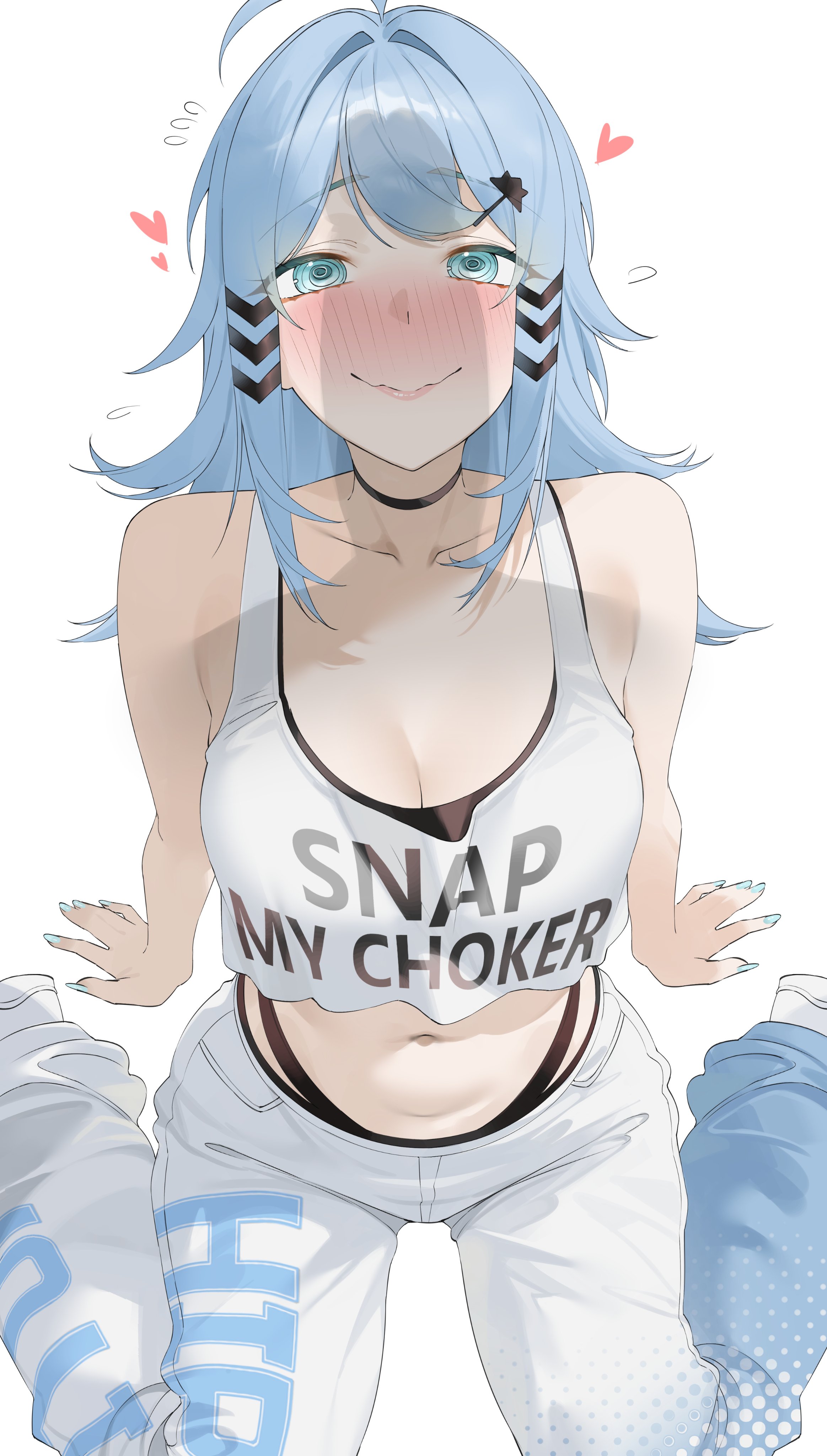 @ @, 1boy, 1girls, aegis-link, aroused, belly button, big breasts, blue eyes, blue hair, blue nails, breasts, byeon dha, choker, clothed, clothing, eager, erect penis, erection, female, hair ornament, heart, huge breasts, light skin, light-skinned female, looking at penis, offscreen male, painted nails, pants, penis awe, penis shadow, shoes, simple background, smile, snap my choker, snap my choker (phrase), solo, text, triggerphish, virtual youtuber, white background