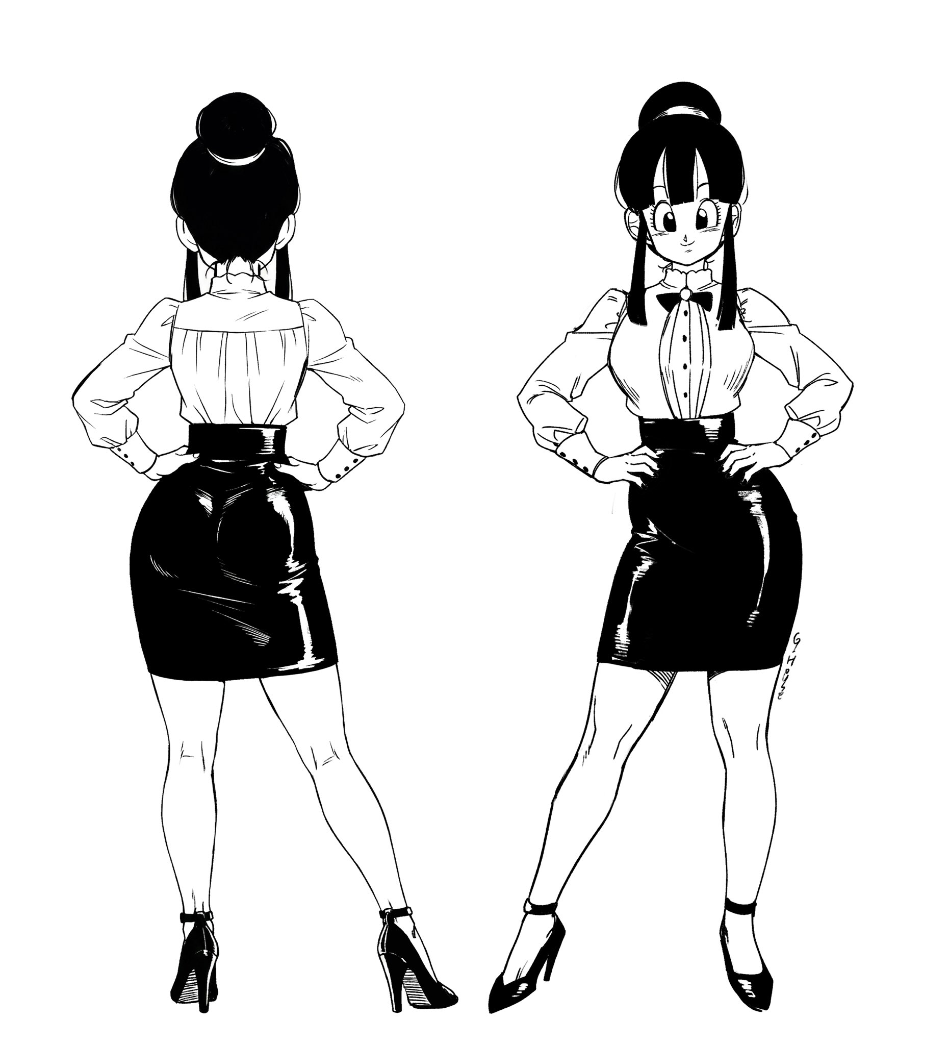 ass, back view, black and white, chichi, dragon ball, female, female only, ghouse, large ass, looking at viewer, multiple views, secretary outfit, simple background, smile
