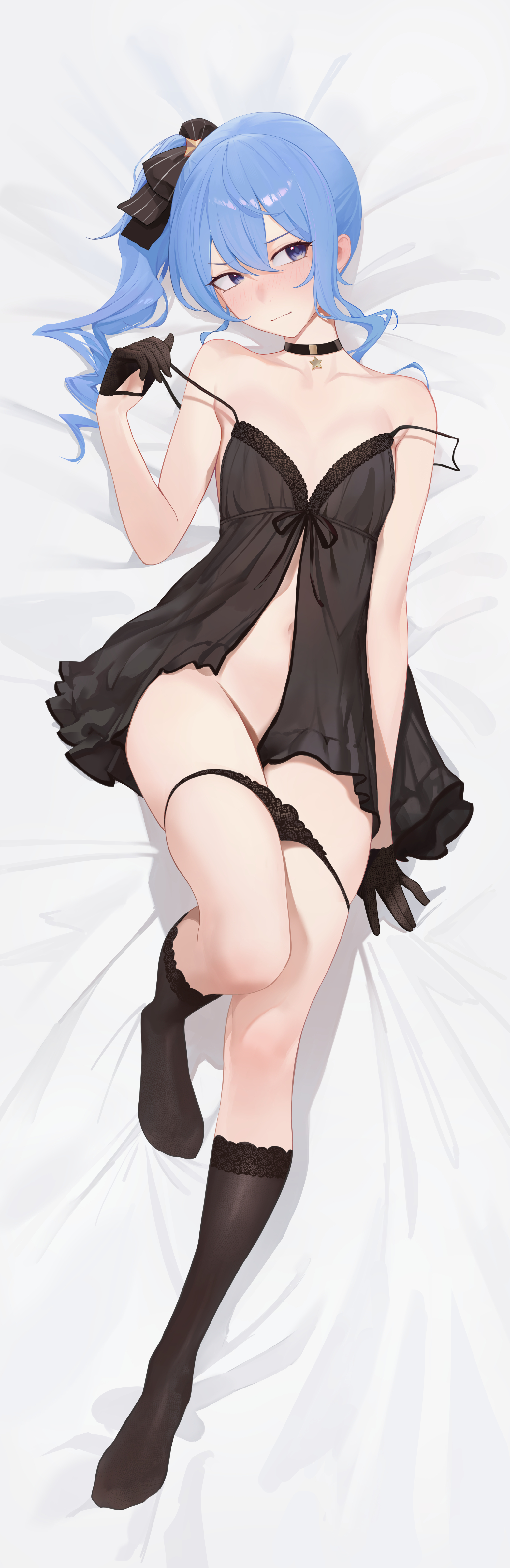 absurdres, alternate costume, babydoll, bed sheet, black babydoll, black choker, black gloves, black panties, black socks, blue eyes, blue hair, blush, bow, choker, closed mouth, commentary, covered pussy, dakimakura (medium), english commentary, female, full body, gloves, hairbow, half gloves, highres, hololive, hoshimachi suisei, knee up, lace, lace panties, lace trim, lace-trimmed babydoll, long hair, looking at viewer, lying, navel, no shoes, nose blush, on back, panties, panty pull, removing clothing, removing panties, serelith, shirt covering privates, side ponytail, small breasts, socks, solo, spaghetti strap, stomach, strap slip, tagme, thighs, underwear, undoing clothing, virtual youtuber