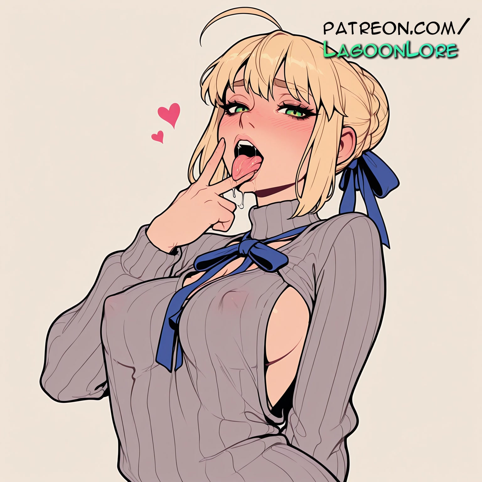 ahoge, ai generated, artist name, artoria pendragon, blonde hair, blue bow, blue ribbon, blush, breasts, bust, chest, covered nipples, fate (series), fellatio gesture, female, gradient, gradient background, green eyes, hair ribbon, heart, heart-shaped pupils, hi res, highres, lagoonlore, meme attire, oral invitation, patreon, patreon username, ribbed sweater, ribbon, solo, sweater, symbol-shaped pupils, tongue, tongue out, watermark