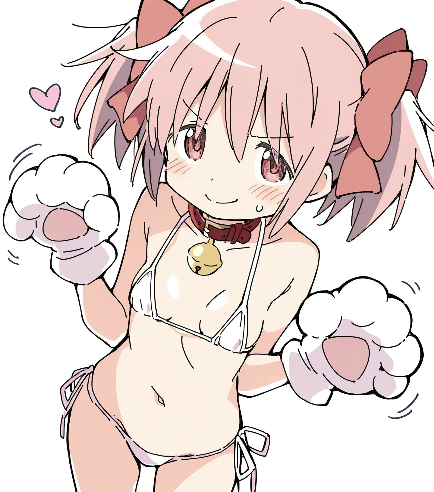 1girls, ai generated, almost naked, bell collar, belly button, bikini, bikini only, cat paws, collar, cute, fake paws, female, female only, flat chest, flat chested, hair ornament, heart, kaname madoka, madoka kaname, magical girl, mahou shoujo madoka magica, matching hair/eyes, matching underwear, micro bikini, paws, petite, pink eyes, pink hair, puella magi madoka magica, small breasts, solo, solo female, sweat, white bikini, white panties