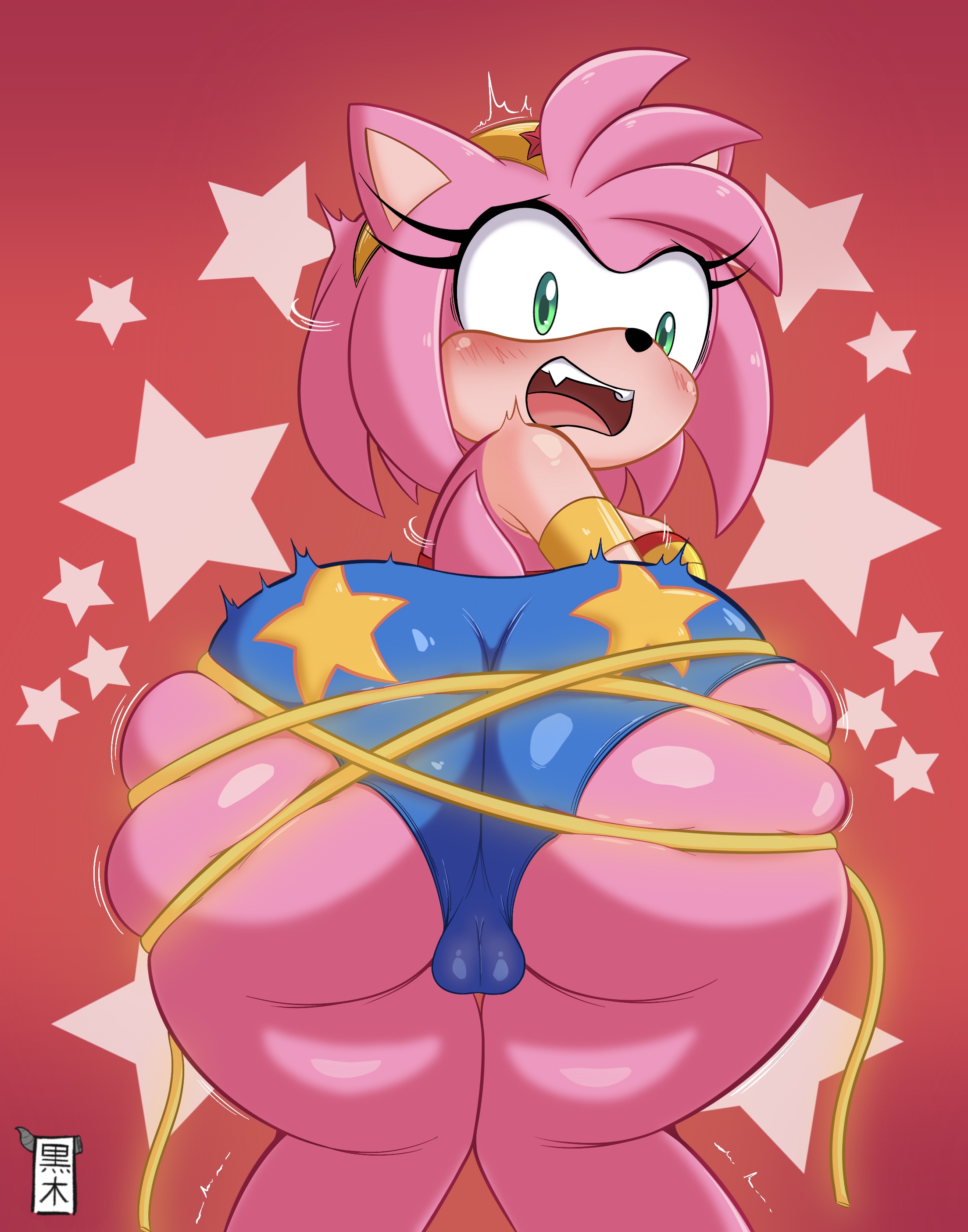 1girls, amy rose, animal ears, anthro, ass, ass focus, backboob, big ass, blush, bondage, breasts, cameltoe, cosplay, dc, dc comics, female, female only, gloves, green eyes, huge ass, kurokiart97, lasso of truth, leotard, looking back, motion lines, pink body, pink skin, sega, solo, solo female, sonic (series), sonic the hedgehog (series), star, stars, superhero costume, wonder woman (cosplay)