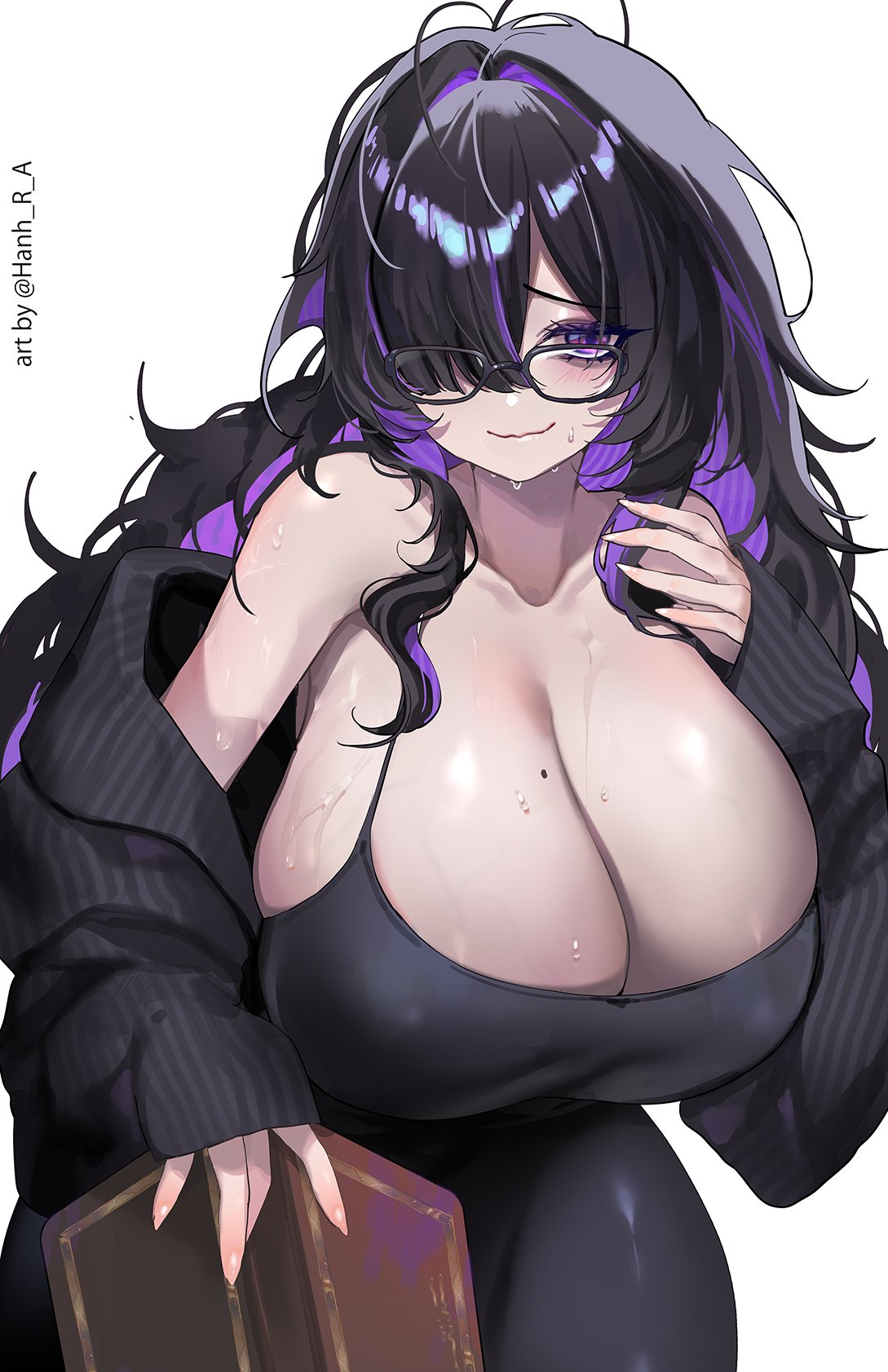 1girl, artist name, bags under eyes, black cardigan, black dress, black hair, black-framed eyewear, blush, book, breasts, cardigan, cleavage, closed mouth, collarbone, colored inner hair, commentary request, curvy, dress, glasses, goddess of victory: nikke, hair over one eye, hanh chu, highres, holding, holding book, huge breasts, label (nikke), large breasts, long hair, looking at viewer, mole, mole on breast, multicolored hair, purple eyes, purple hair, simple background, smile, solo, sweat, taut clothes, taut dress, thick thighs, very long hair, voluptuous, white background, wide hips