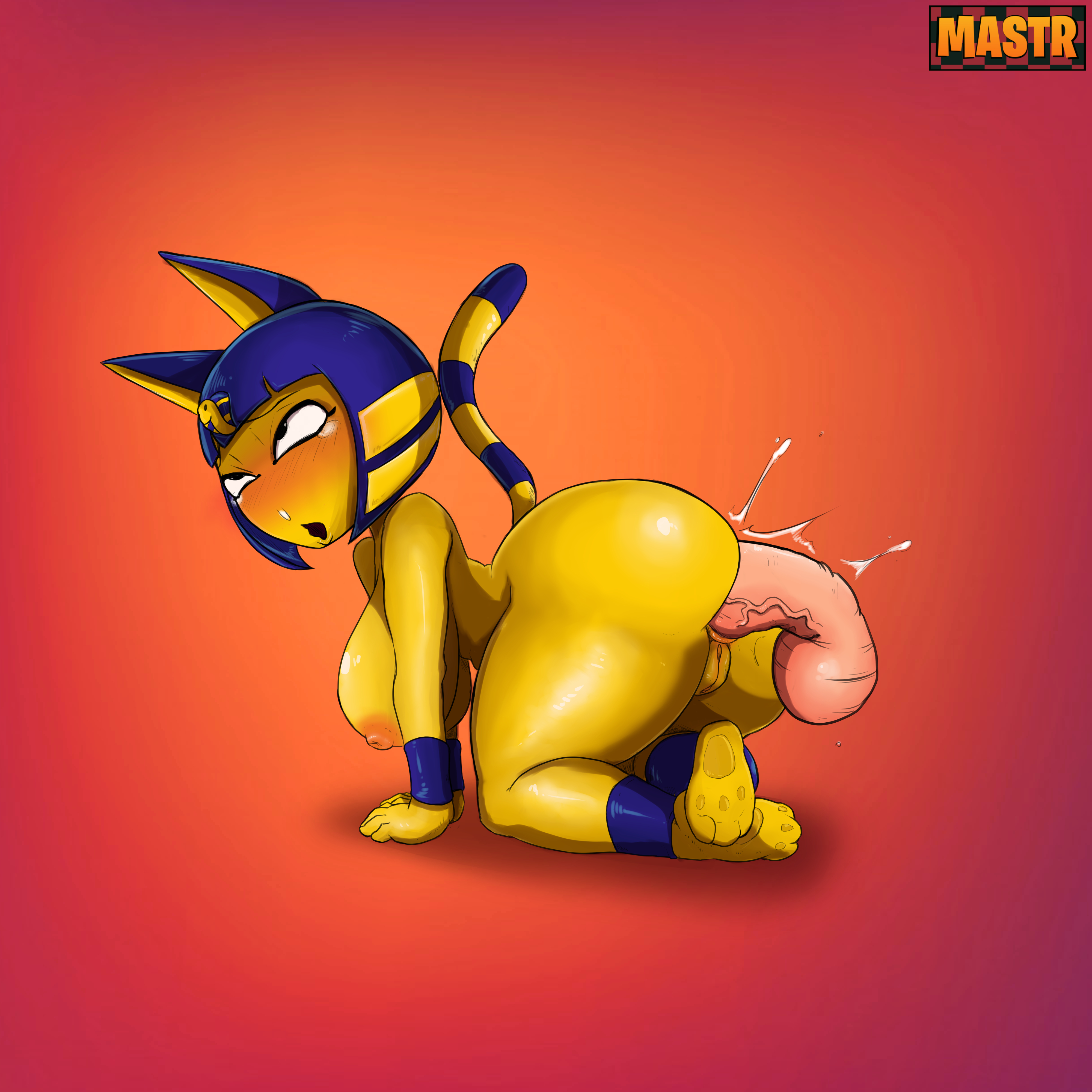 1boy, 1girls, anal, anal sex, animal crossing, animal ears, ankha, ass, big ass, cat ears, female, humanoid, light skin, light-skinned male, male, mastr7up, nintendo, pale skin, pale-skinned male, penis, shortstack, smaller female, tail, thick penis, watermark, yellow skin