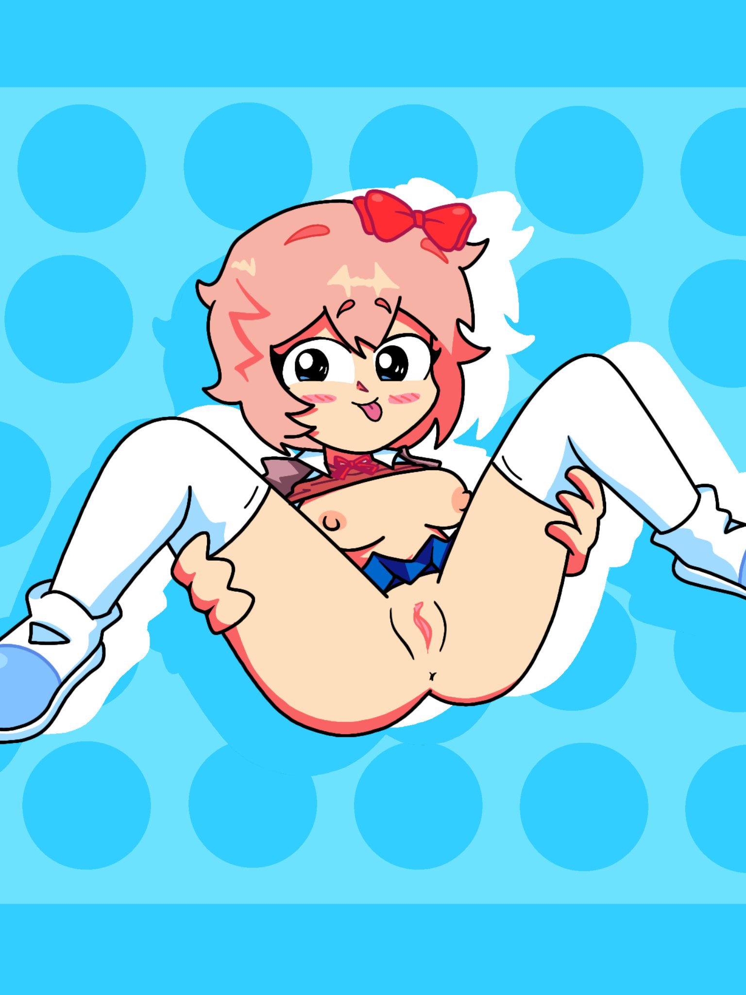 1girls, 2d, 2d (artwork), clothed, doki doki literature club, inkasteca, looking at viewer, pussy, sayori (doki doki literature club), spread legs, tagme