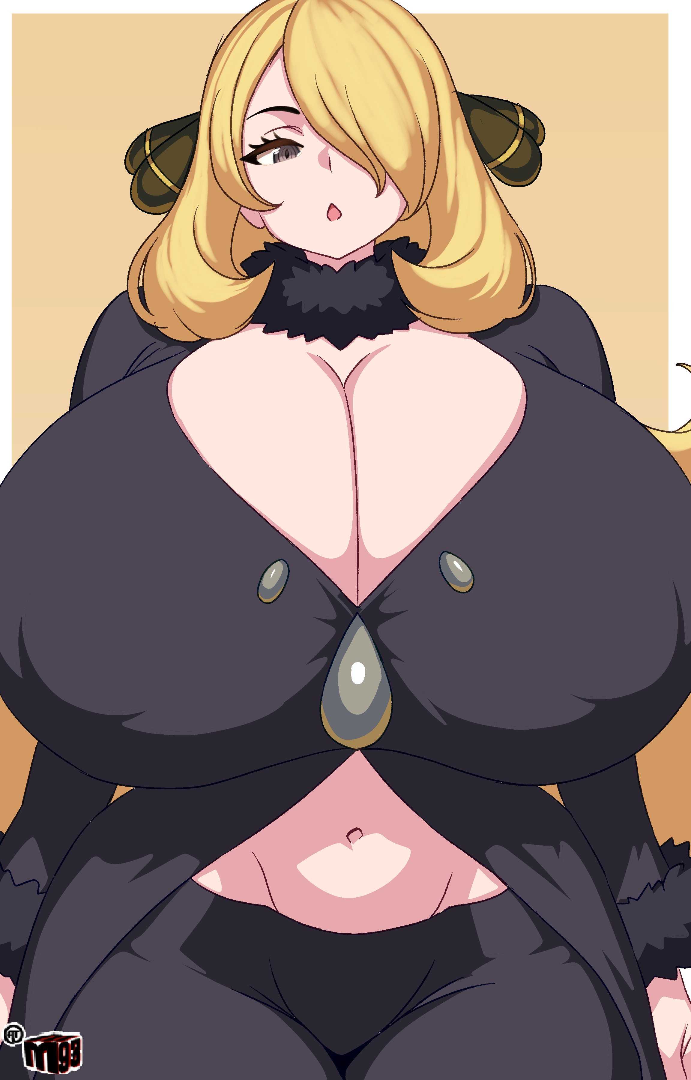 1girls, big breasts, black clothing, blonde hair, breasts bigger than head, busty, child bearing hips, cleavage, curvy, cynthia (pokemon), female, female only, game freak, gigantic breasts, grey eyes, hair over one eye, huge breasts, legs, long hair, looking at viewer, mewmaster93, midriff, mound of venus, navel, nintendo, pants, parted lips, pokemon, pokemon bw, seductive, seductive look, sensual, sexy, signature, thighs, white border, wide hips, yellow theme