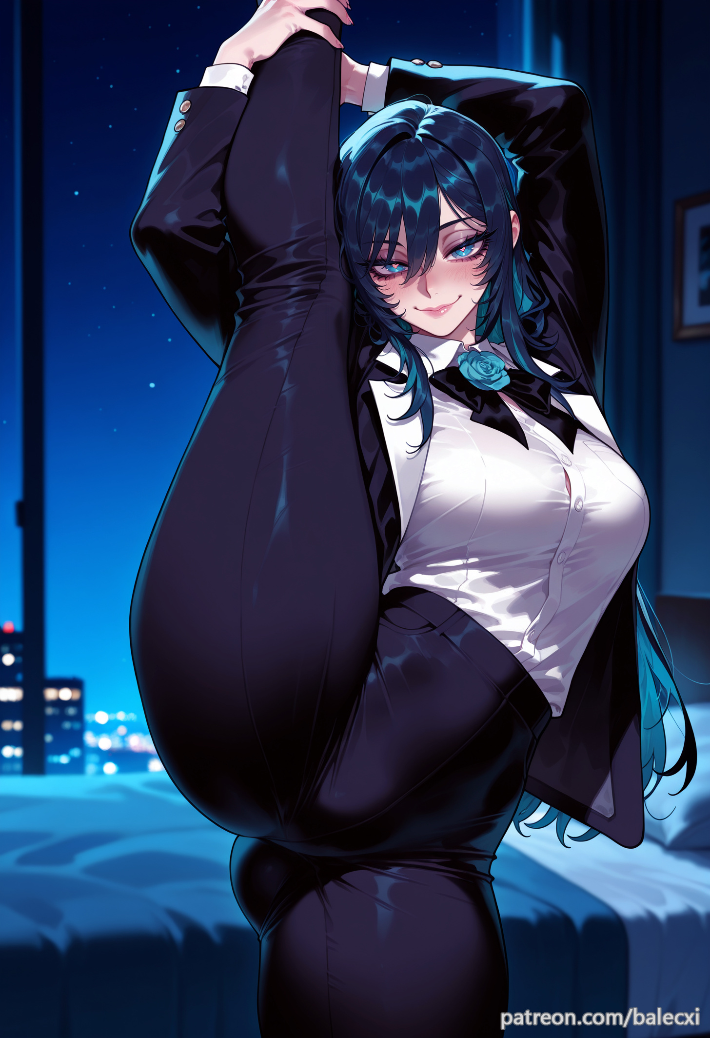 ado (music-artist), ado (utaite), ai generated, balecxi, black bow, black bowtie, black jacket, black pants, blue eyes, blue hair, blue rose, button gap, dress shirt, female, flower, flower brooch, hair between eyes, indoors, large breasts, long hair, long sleeves, looking at viewer, open clothes, open jacket, smile, solo, standing on one leg, standing split, thighs, utaite, white shirt