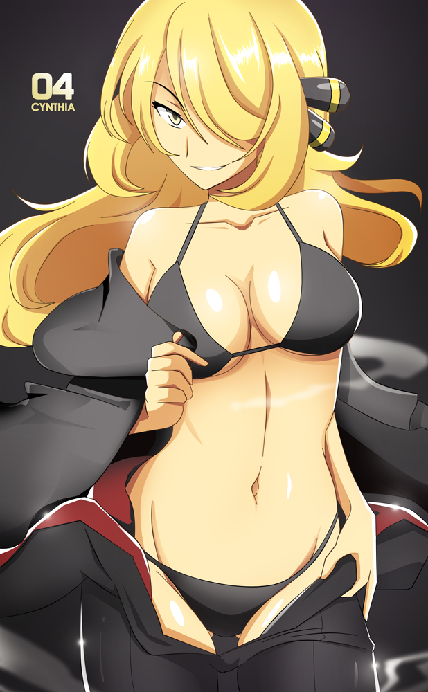 1girls, black background, black bra, black panties, blonde hair, bra, breasts, champion, clothing, coat, coat removed, cynthia (pokemon), female, hair over one eye, human, jacket, jacket removed, long hair, nintendo, panties, pokemon, pokemon champion, pokemon dppt, smile, smirk, vivivoovoo