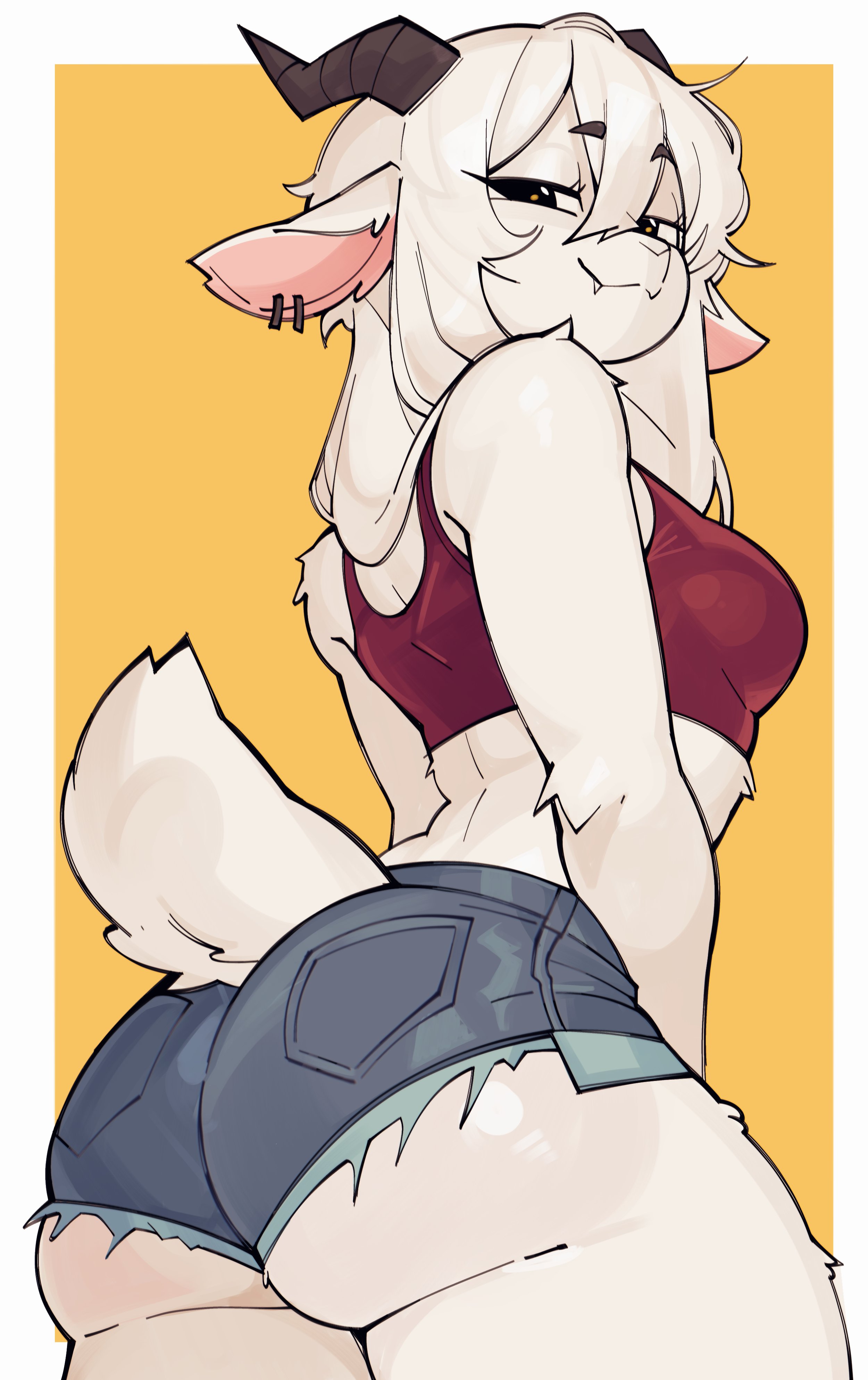 1girls, anthro, ass, breasts, chanti, female, female only, goat, goat girl, jean shorts, looking at viewer, looking down at viewer, oc, original character, tagme, tagme (character), thighs