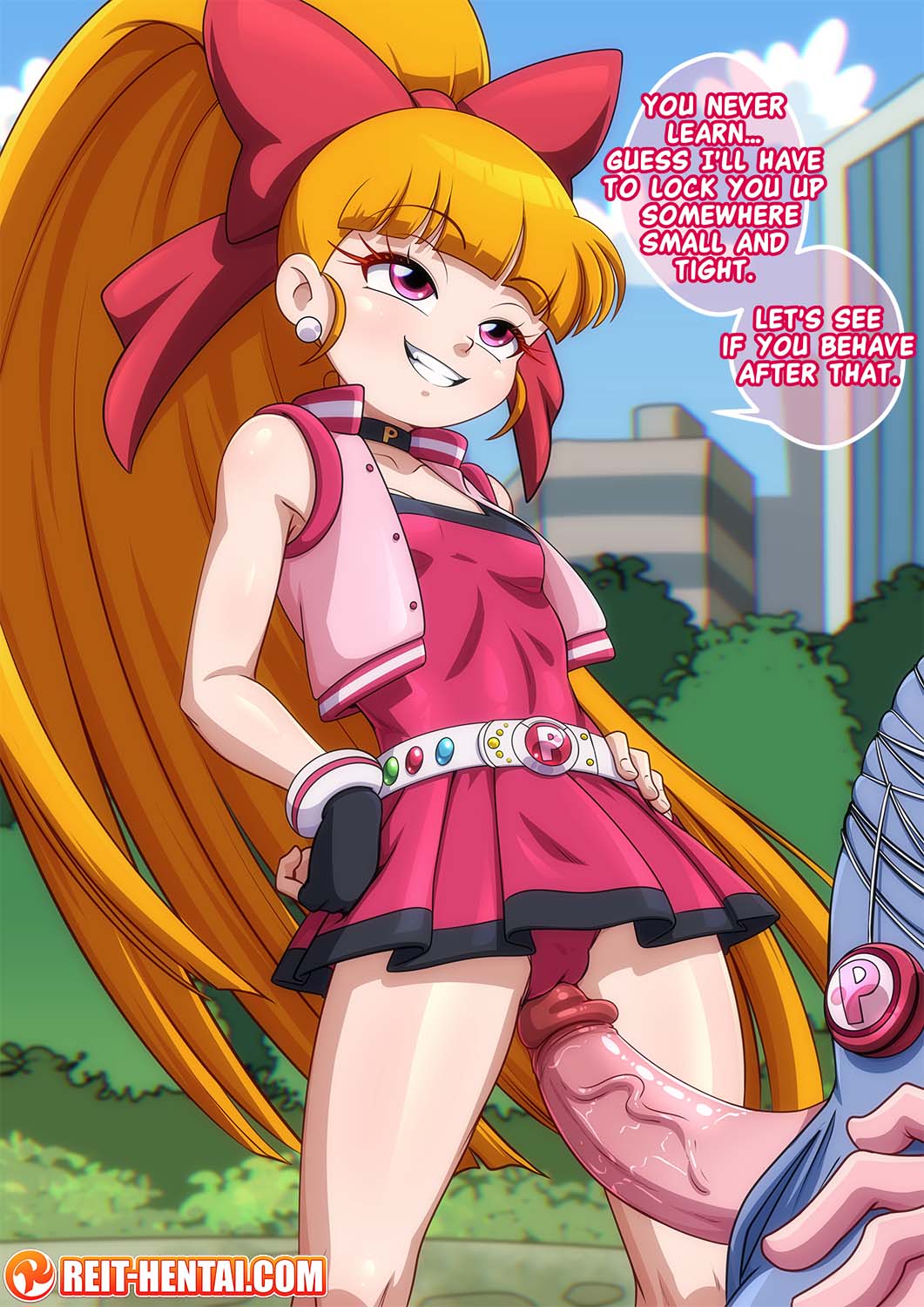 blossom (powerpuff girls), cameltoe, confident, english, english commentary, english text, female, leotard, long hair, momoko akatsutsumi, poking, poking penis, ponytail, powerpuff girls z, red eyes, reit, skirt, smirk, tagme, tied up, under skirt, vagina, watermark
