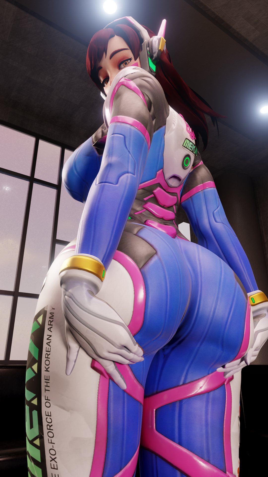 1girls, 2026, 3d, alternate breast size, alternate version available, ass, ass shot, breasts, brown hair, clothed, clothed female, cupping ass, d.va, face markings, fazeddown, female, female only, gloves, hana song, headset, honey eyes, huge ass, huge breasts, image set, legs together, long hair, looking at viewer, looking back, looking back at viewer, nude version available, overwatch, overwatch 2, rear view, skintight, skintight bodysuit, solo, standing