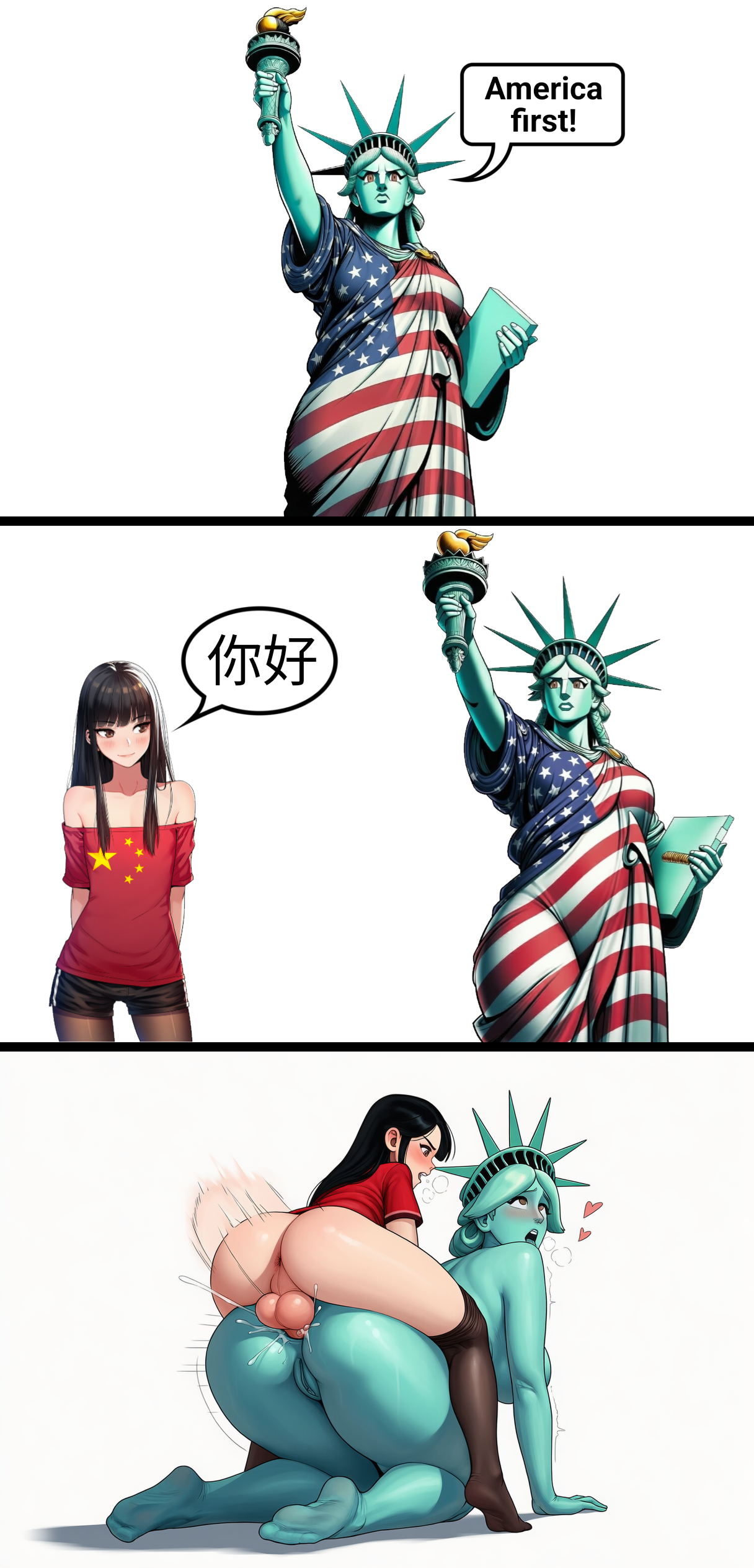 1femboy, 3koma, ai generated, american female, american flag, american flag print, anal, anal penetration, anal sex, asian, asian femboy, asian male, big ass, big breasts, bigger female, black hair, black-haired male, blue body, blue hair, blue skin, blue-haired female, blue-skinned female, brunette femboy, china, chinese, chinese flag, chinese male, chinese text, comic, comic page, cyan body, cyan hair, cyan skin, cyan-haired female, cyan-skinned female, dialogue, dialogue bubble, doggy style, english, english text, female, femboy, femboy on female, feminine male, fringe, fringe hair, girly, girly boy, green body, green hair, green skin, green-haired female, green-skinned female, heart, huge balls, instant loss, instant loss 2koma, lady liberty, lauriluusua, male, motion blur, motion lines, motion outline, national personification, novelai, otoko no ko, otokonoko, panting, penis, personification, politics, pussy, size difference, skinny, skinny male, small dom big sub, smaller male, smaller penetrating, smaller penetrating bigger, speech, speech bubble, statue, statue of liberty, submissive, submissive female, testicles, thick thighs, united states of america, vagina, voluptuous, voluptuous body, voluptuous female, white background