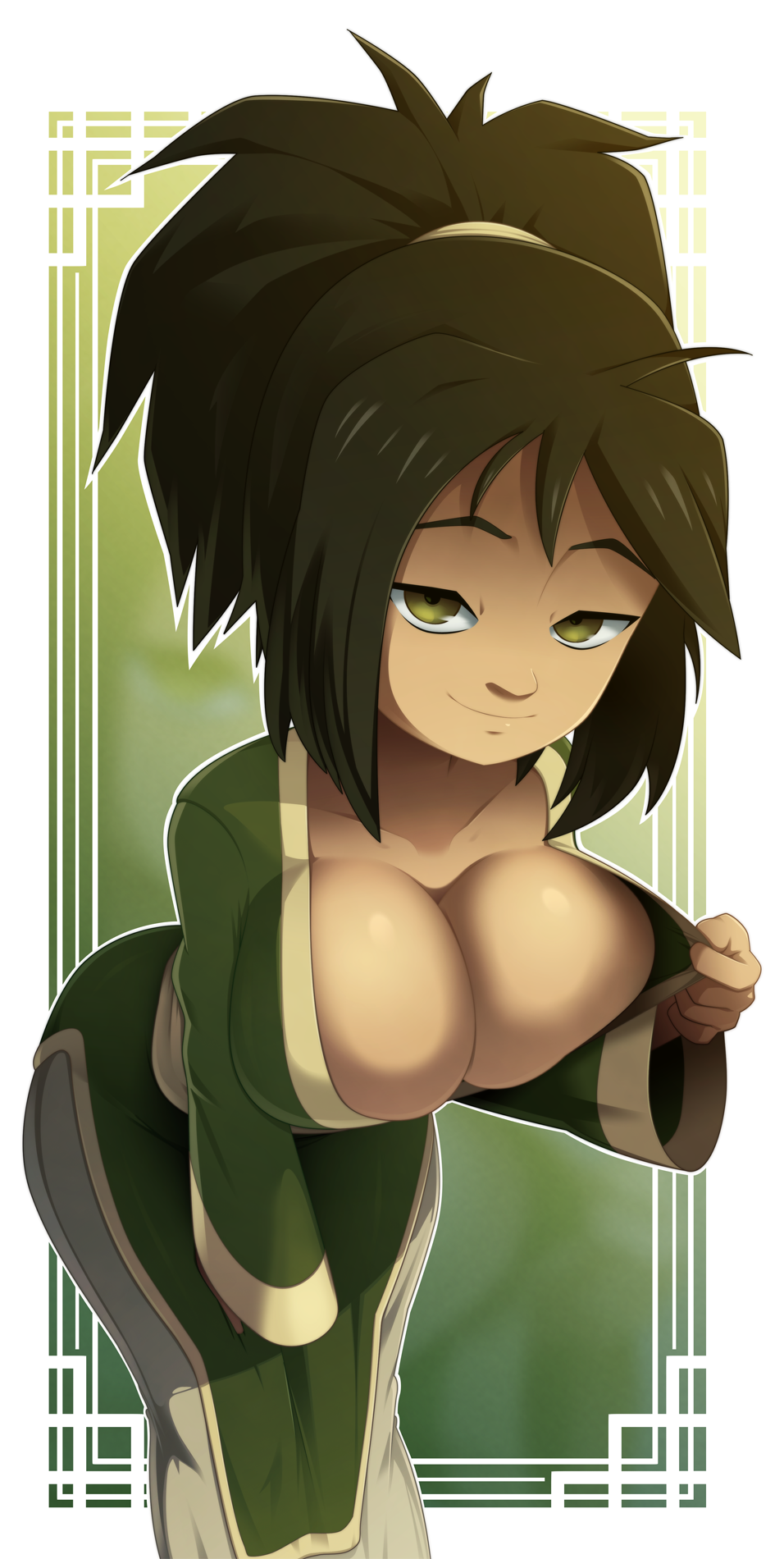 alternate_breast_size avatar_the_last_airbender bedroom_eyes bent_over big_breasts black_hair brown_eyes brown_hair busty cleavage clothed_female clothing cute female female_focus female_only fully_clothed green_eyes hand_on_knee hourglass_figure huge_breasts jin_(avatar) large_breasts long_hair long_sleeves looking_at_viewer nickelodeon nonbender open_robe patreon presenting_breasts ravenravenraven smirk solo solo_female solo_focus tease tied_hair wide_hips