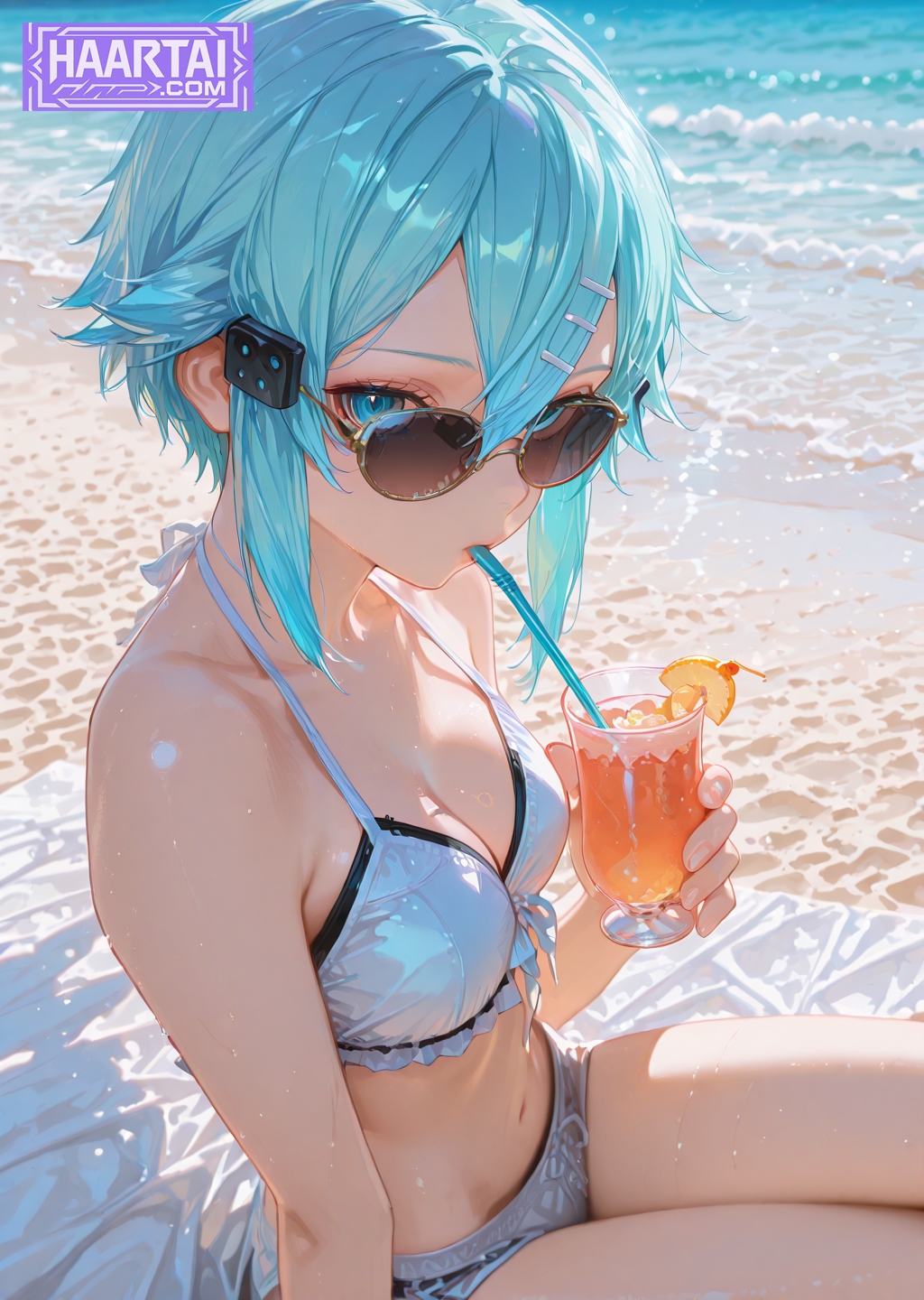 1girls, ai generated, beach, bikini, blue eyes, blue hair, blush, cocktail, drinking, female, haart ai, looking over eyewear, looking over sunglasses, medium breasts, outdoors, sinon, skinny, slim waist, sunglasses, sword art online, tagme, tinted eyewear, water