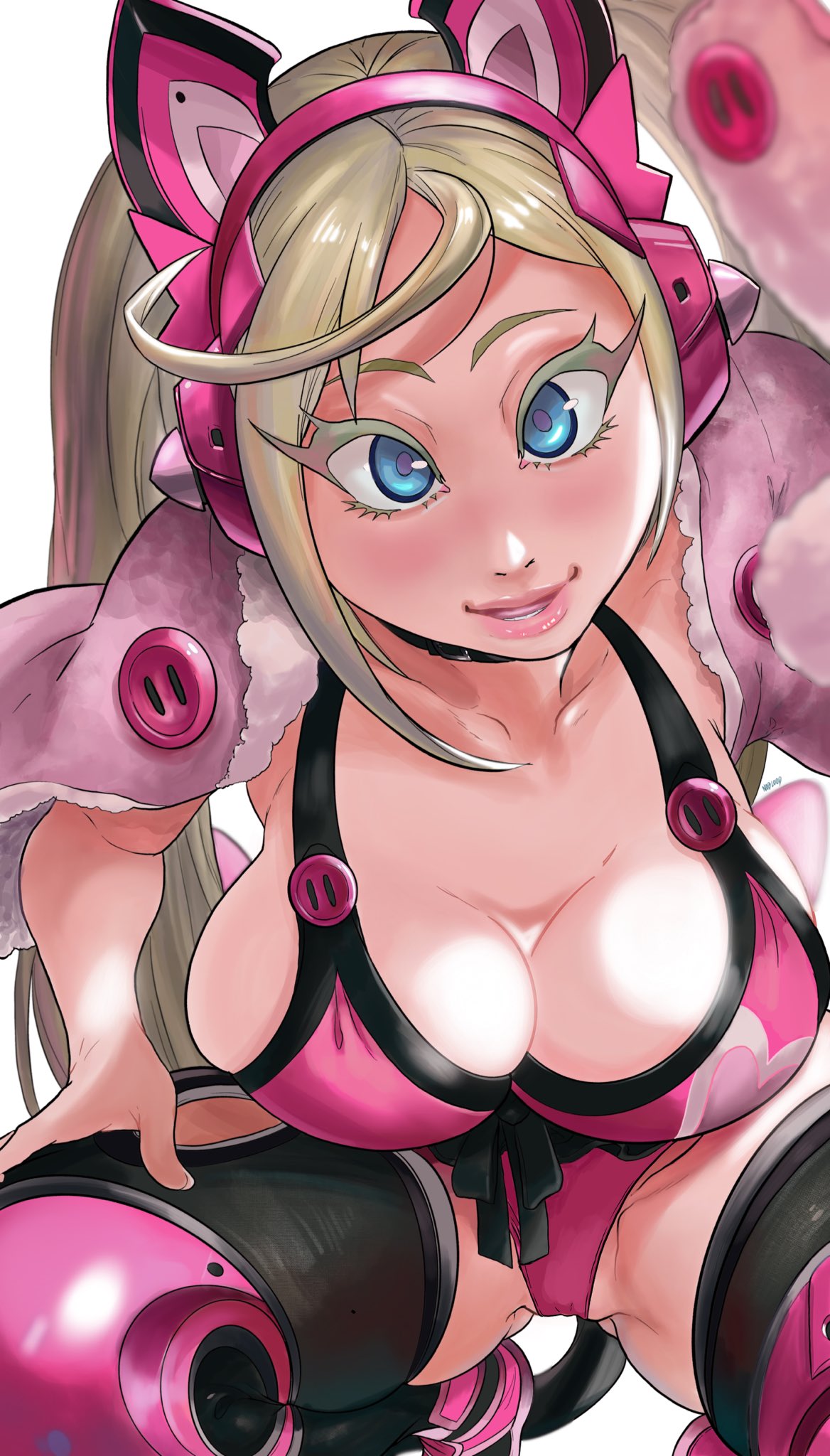 against_wall blonde_hair blue_eyes breast_press breasts cat_ear_headphones cleavage female female_focus female_only headphones kneeling legwear long_hair looking_at_viewer lucky_chloe namco noblood paw_gloves reaching_out reaching_towards_viewer smiling solo_female tekken tekken_7 twintails voluptuous