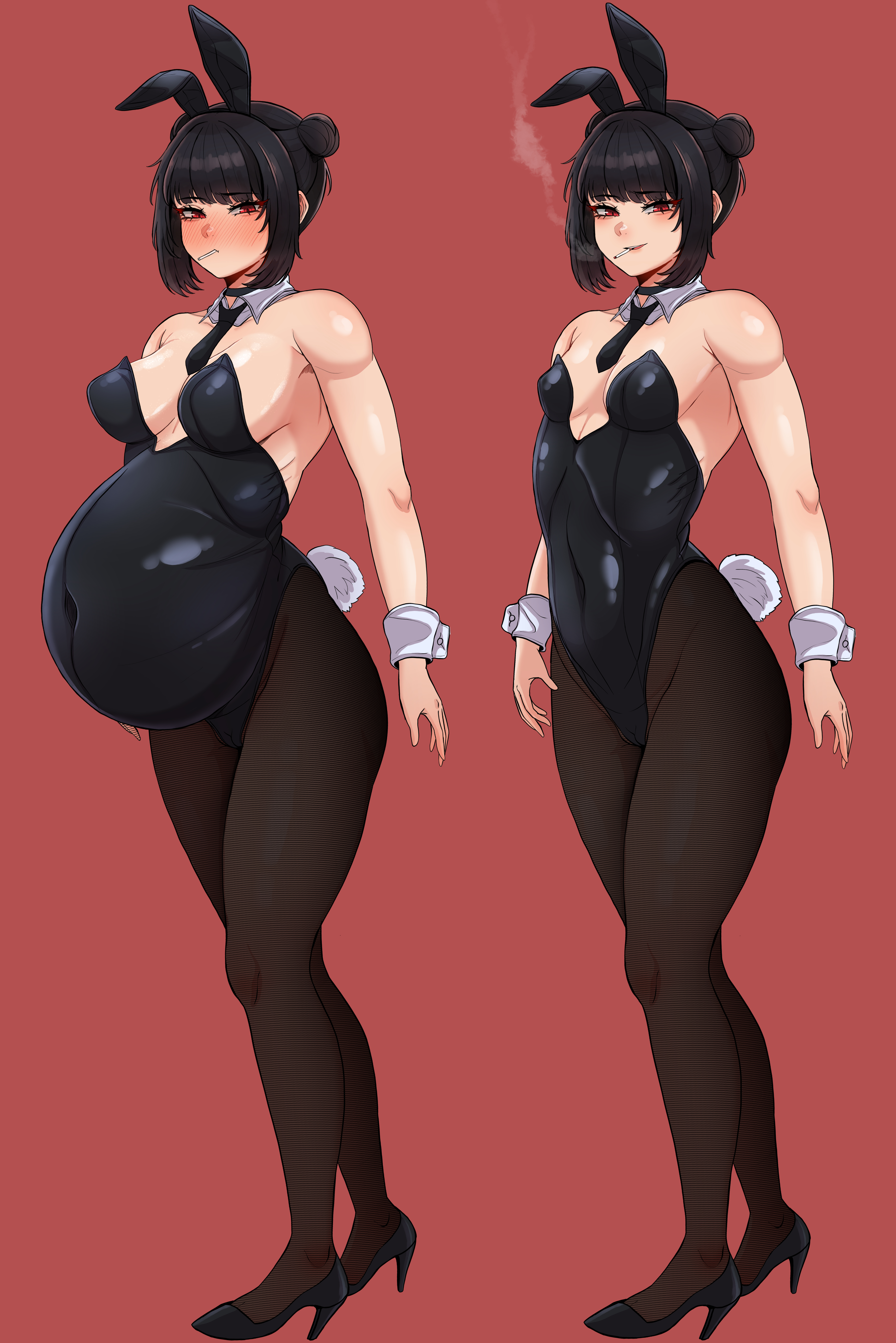 1girls, bbambi, before and after, before and during pregnancy, belly expansion, big belly, black hair, bloated belly, blush, breast expansion, bunny ears, bunny tail, bunnysuit, cigarette, clothed, clothing, female, female only, heels, high heels, limbus company, lollipop, milf, navel, navel visible through clothes, pregnant, pregnant belly, project moon, red eyes, ryoshu (limbus company), short hair, sideboob