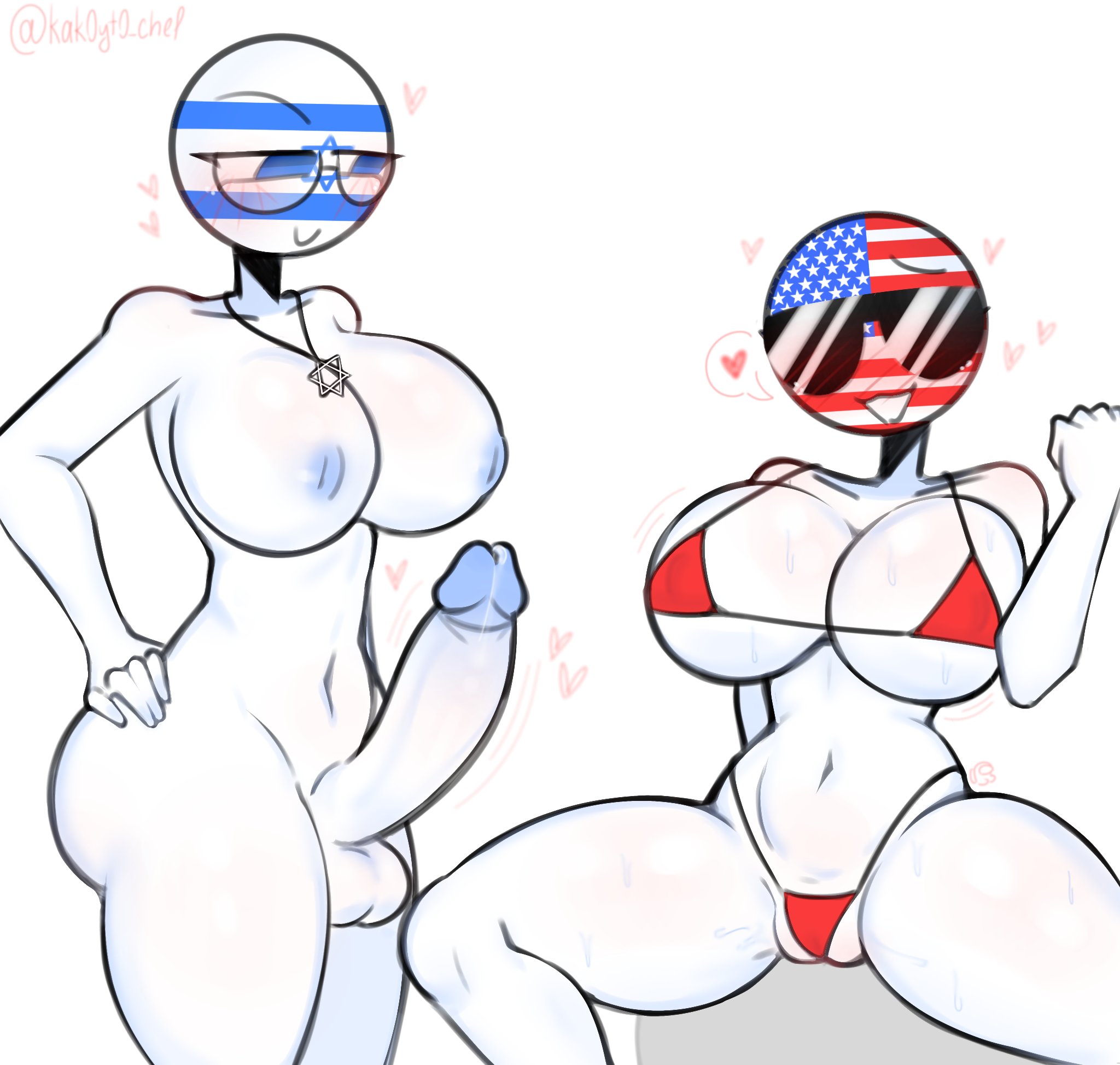 1futa, 1futa1girl, 1girls, american flag, amogus, among us reference, artist name, artist signature, big breasts, big cock, big penis, blue eyes, blush, countryhumans, countryhumans girl, futanari, glasses, heart, hourglass figure, israel (countryhumans), israeli flag, kak0yt0 chel, red bikini, simple background, star of david, sunglasses, thick thighs, united states of america (countryhumans), white background, white skin