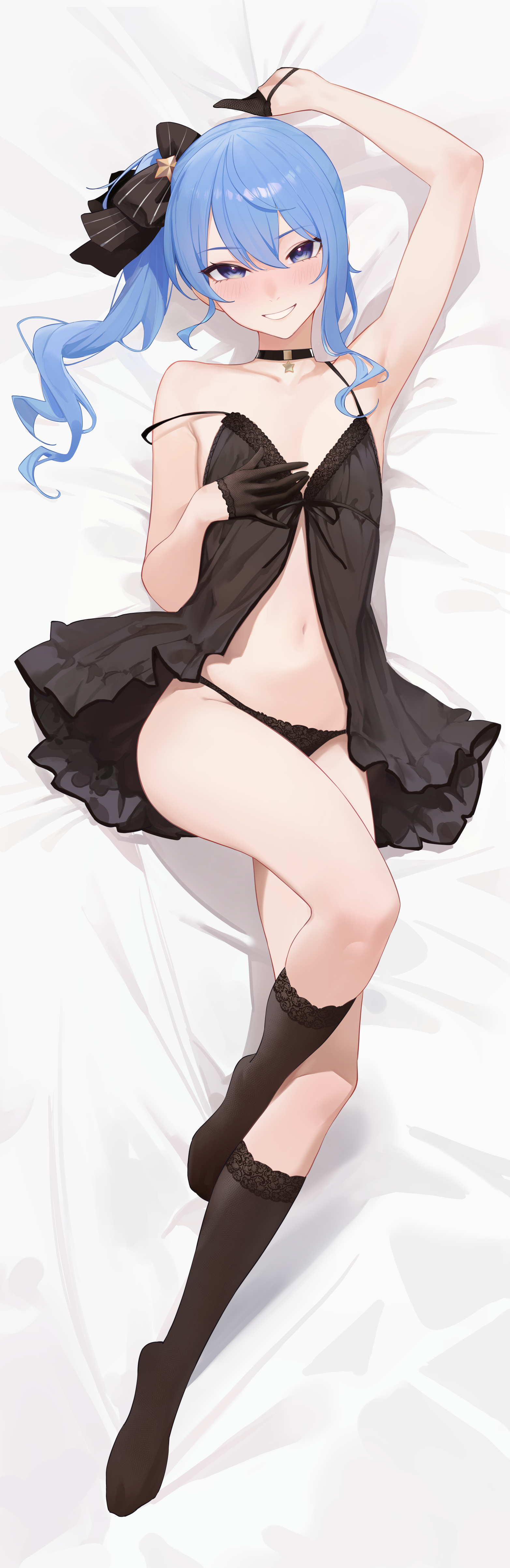 absurdres, alternate costume, arm up, armpits, babydoll, bed sheet, black babydoll, black choker, black gloves, black panties, black socks, blue eyes, blue hair, blush, bow, choker, commentary, dakimakura (medium), english commentary, female, full body, gloves, grinning, grinning at viewer, hairbow, half gloves, hand on breast, highres, hololive, hoshimachi suisei, knee up, lace, lace panties, lace trim, lace-trimmed babydoll, long hair, looking at viewer, lying, navel, no shoes, nose blush, on back, panties, presenting armpit, serelith, side ponytail, small breasts, socks, solo, spaghetti strap, stomach, strap slip, teeth, teeth showing, thighs, underwear, virtual youtuber