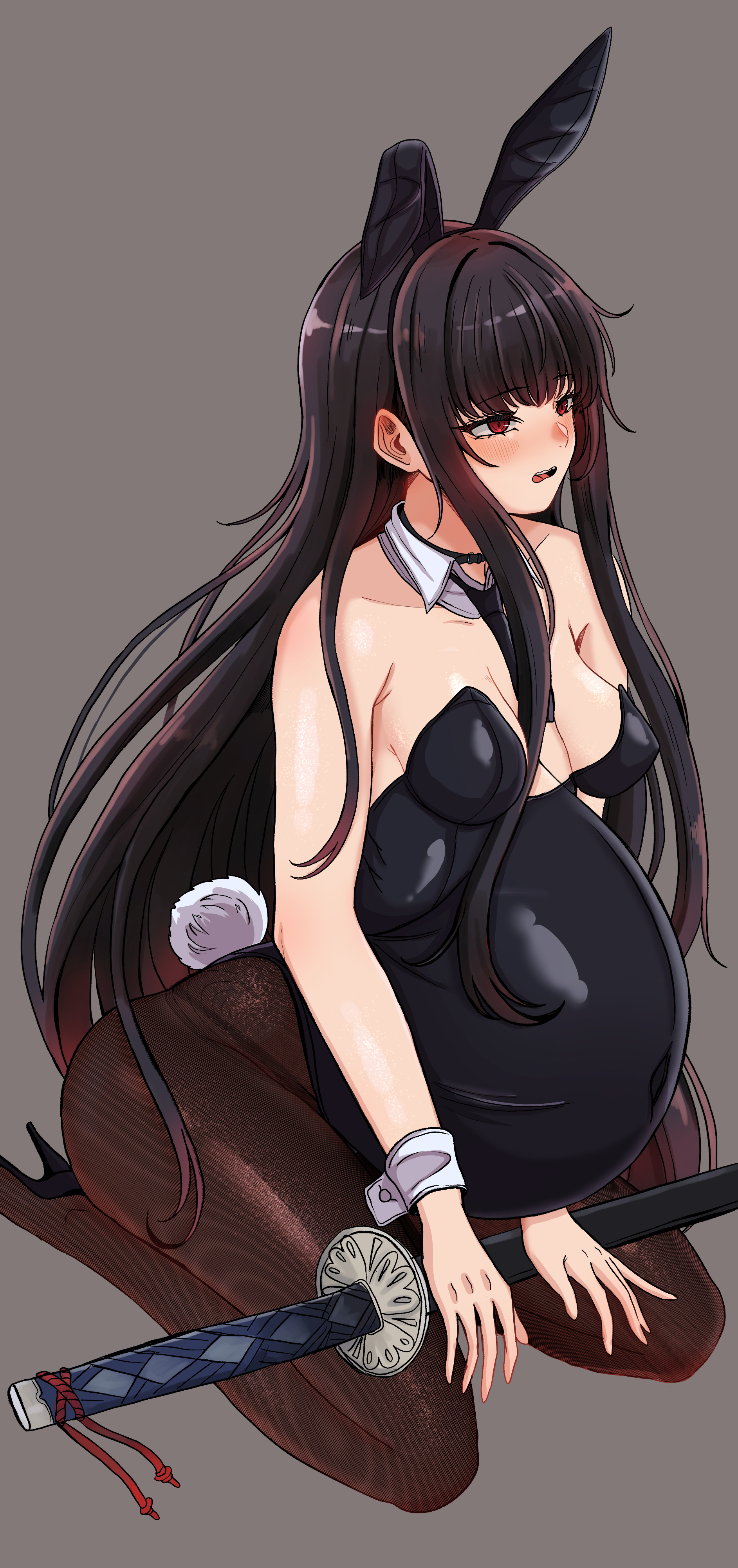 1girls, bbambi, big belly, black hair, bloated belly, blush, bunny ears, bunny tail, bunnysuit, cleavage, clothed, clothing, female, female only, heels, high heels, kneeling, limbus company, long hair, milf, pregnant, pregnant belly, project moon, red eyes, ryoshu (limbus company), sword