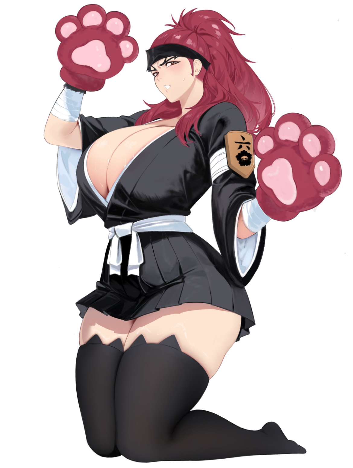 big breasts, bleach, bleach: the thousand-year blood war, breasts, breasts bigger than head, busty, busty female, cat paws, child bearing hips, cleavage, cleavage overflow, curvy, curvy body, curvy figure, cute, cute face, female, female focus, female only, genderswap, headband, hips, huge breasts, huge thighs, k4onozeda04, kneeling, looking at viewer, massive breasts, massive thighs, oppai, pale skin, pale-skinned female, ponytail, red hair, renji abarai, revealing, revealing breasts, rule 63, sexy, sexy body, shinigami, skimpy, skimpy clothes, solo, solo female, solo focus, thick, thick legs, thick thighs, thighhighs, thighs, tiny waist, wide hips, wide thighs