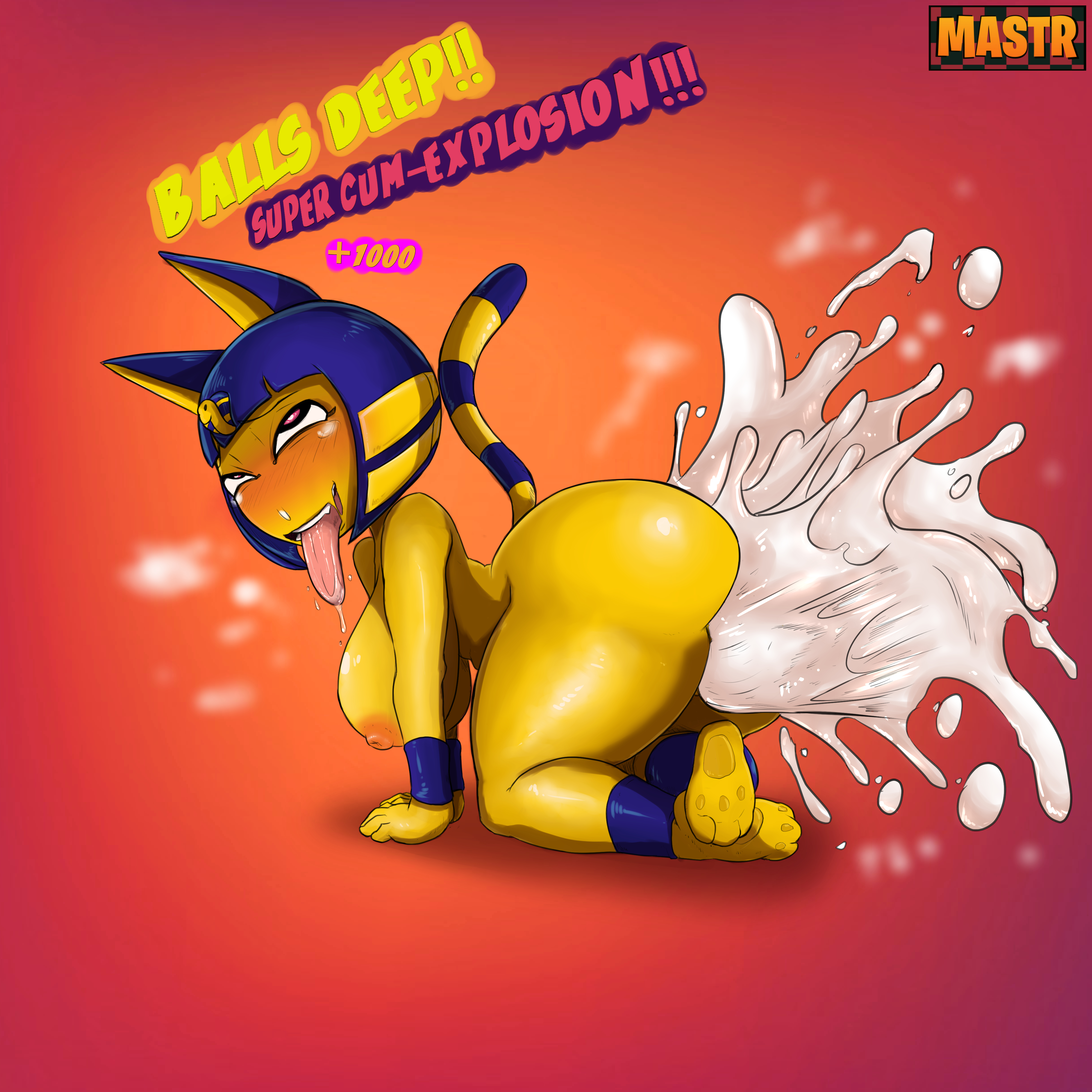 1boy, 1girls, anal, anal sex, animal crossing, animal ears, ankha, ass, big ass, cat ears, cum, cum explosion, cum inside, excessive cum, female, humanoid, light skin, light-skinned male, male, mastr7up, nintendo, pale skin, pale-skinned male, penis, shortstack, smaller female, tail, text, thick penis, watermark, yellow skin
