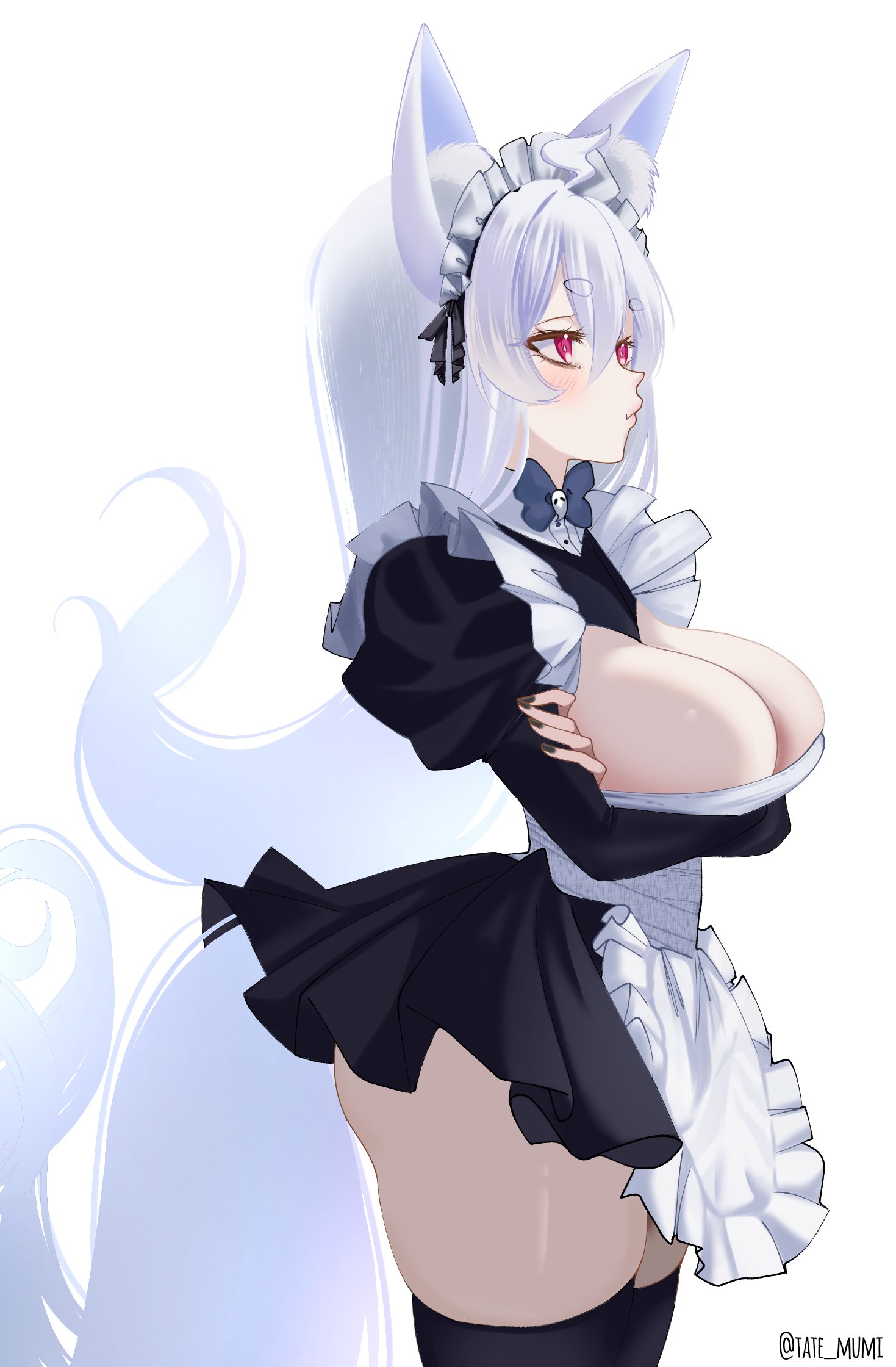 1girls, big breasts, blush, breasts, curvy, curvy female, curvy figure, female, fox ears, fox girl, hispanic virtual youtuber, light skin, light-skinned female, long hair, maid, maid outfit, maid uniform, pink eyes, pookyboo, sensual, tate mumi (artist), thick thighs, thighs, vtuber, white background, white hair