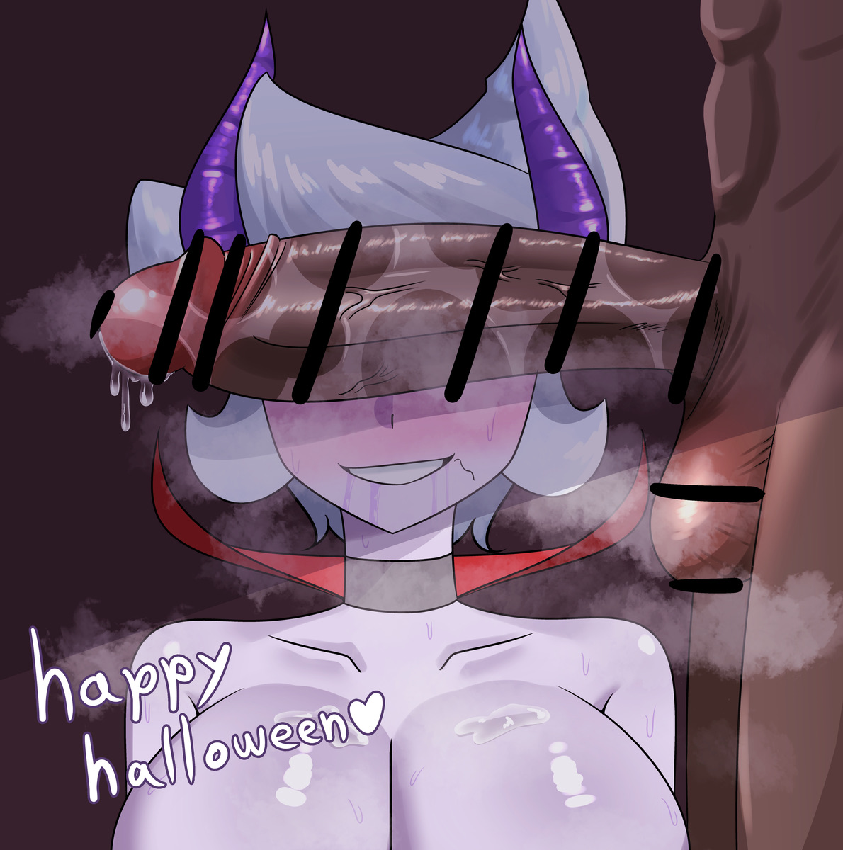 1boy, 1girls, after deepthroat, after oral, ainggomu, big breasts, black background, blindfold, brown skin, choker, embarrassed, heart, horns, huge breasts, ice cat (battle cats), purple eyes, purple hair, smile, the battle cats, white hair