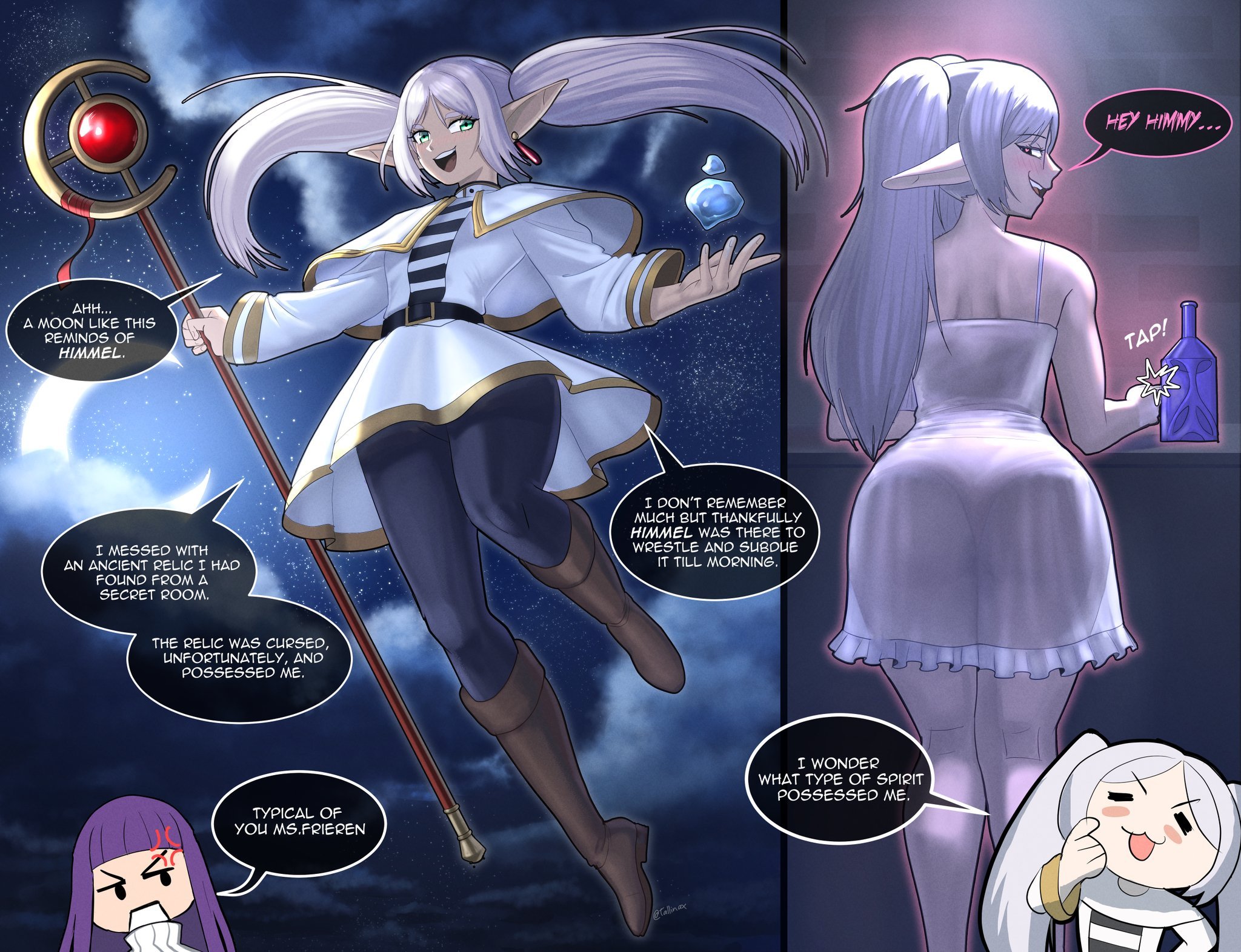 2girls, ass, elf, elf ears, elf female, english text, female, female focus, fern (sousou no frieren), frieren, large ass, light skin, light-skinned female, lingerie, looking at viewer, see-through, see-through clothing, sousou no frieren, tallinax, text, thighs