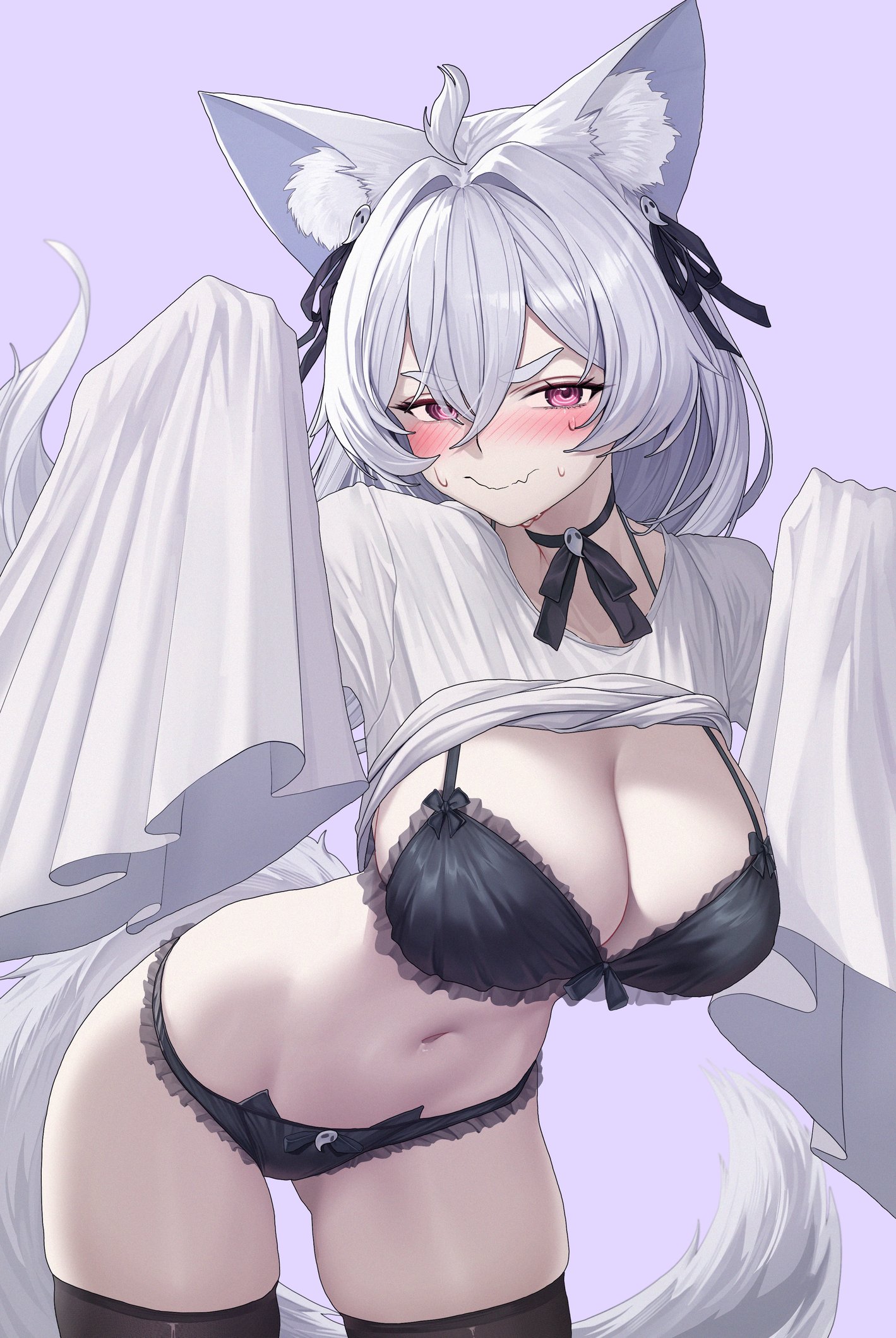 1girls, big breasts, blush, breasts, curvy, curvy female, curvy figure, female, fox ears, fox girl, ghost girl, hispanic virtual youtuber, light skin, light-skinned female, long hair, looking at viewer, pink eyes, pookyboo, tail, thick thighs, thighs, underwear, vtuber, white hair
