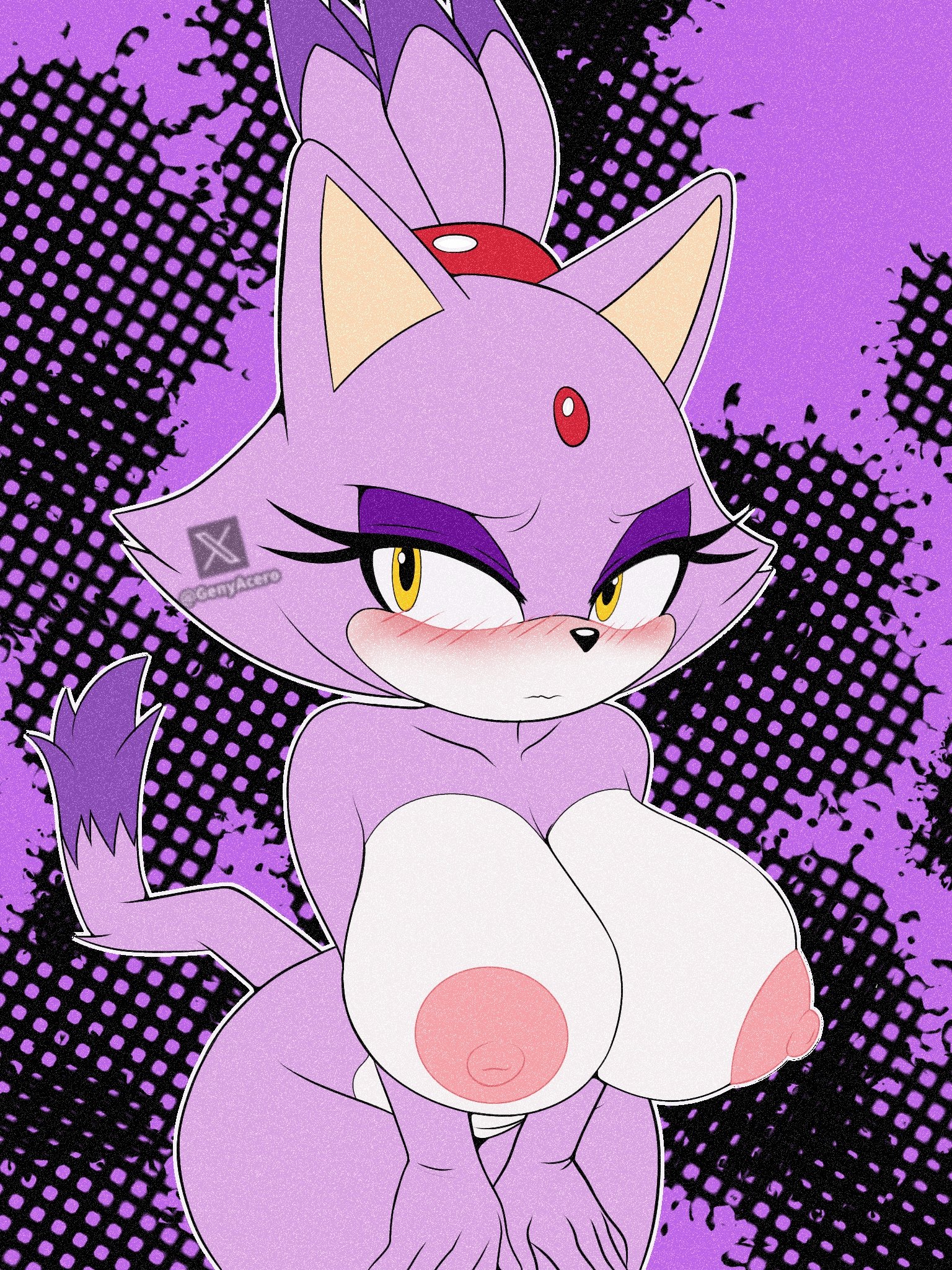 1girls, animal ears, animal tail, areolae, big ass, big breasts, blaze the cat, blush, bottomless, breasts, feline, female, female only, genyacero, half-closed eyes, hips, huge breasts, naked, naked female, nude, nude female, purple body, purple eyeshadow, purple skin, sega, solo, solo female, sonic (series), sonic the hedgehog (series), thighs, topless, yellow eyes