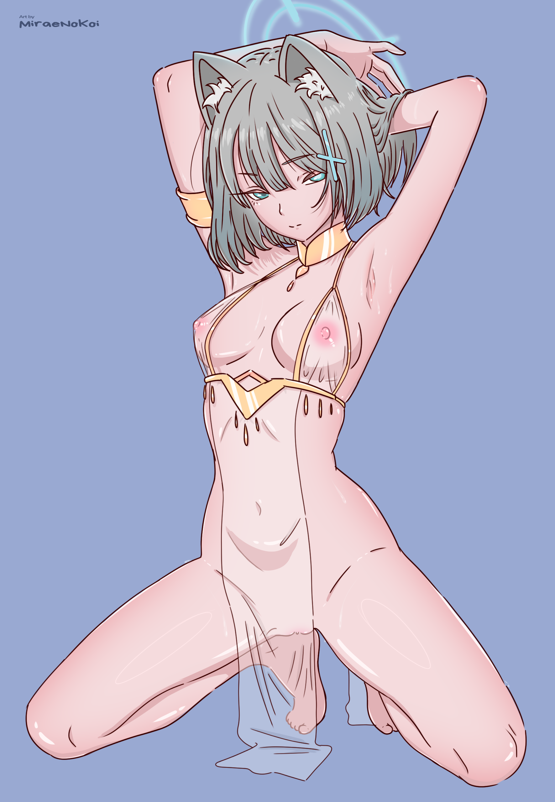 blue archive, miraenokoi, nipples visible through clothing, nude female, pussy visible through clothes, shiroko (blue archive), sitting, sunaookami shiroko