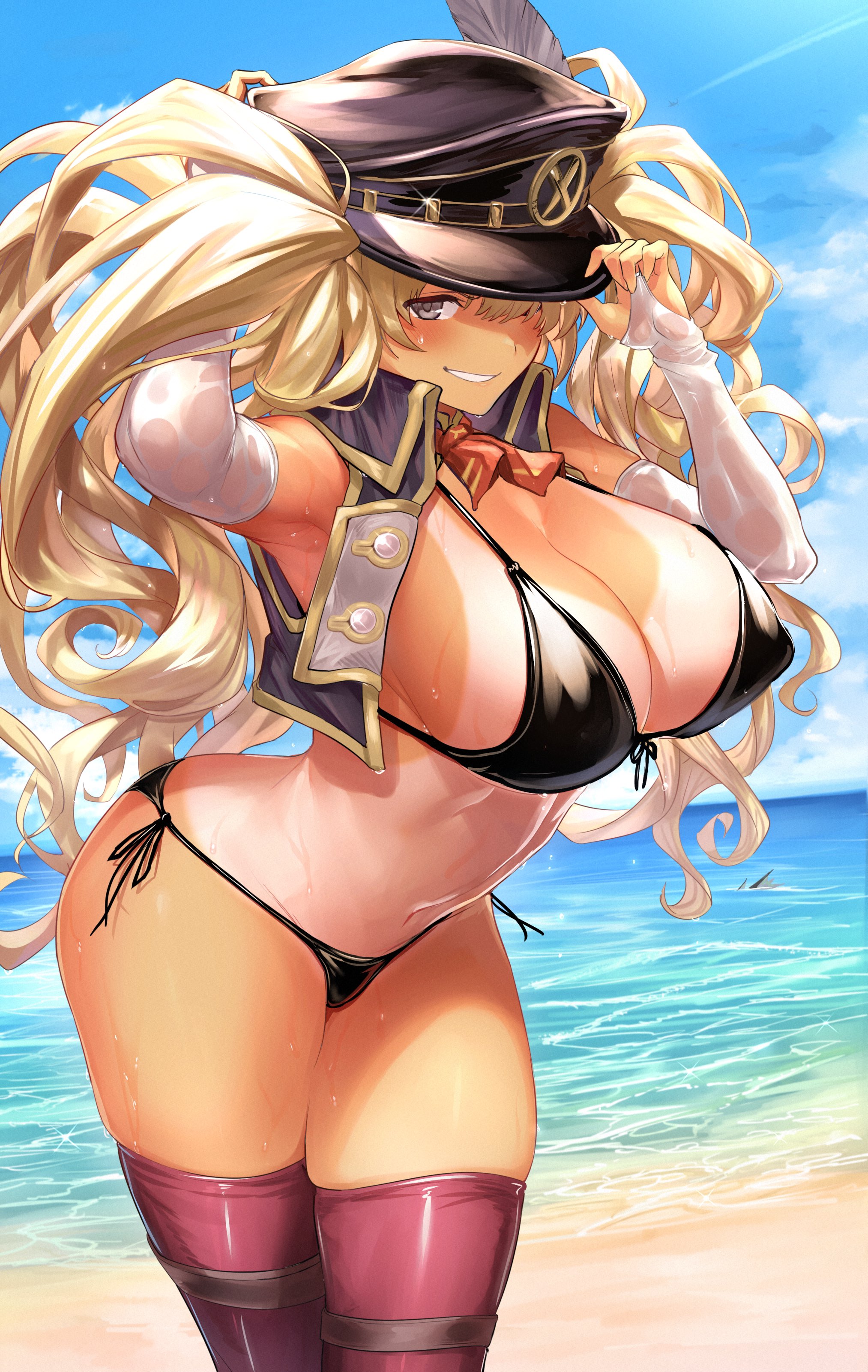 big breasts, bikini, blonde hair, breasts, curvy, feathers, female, front-tie bikini, granblue fantasy, hat, monika weisswind, nipple bulge, side-tie bikini, smirk, tan, tanline, thighhighs, twintails, ulrich (tagaragakuin)