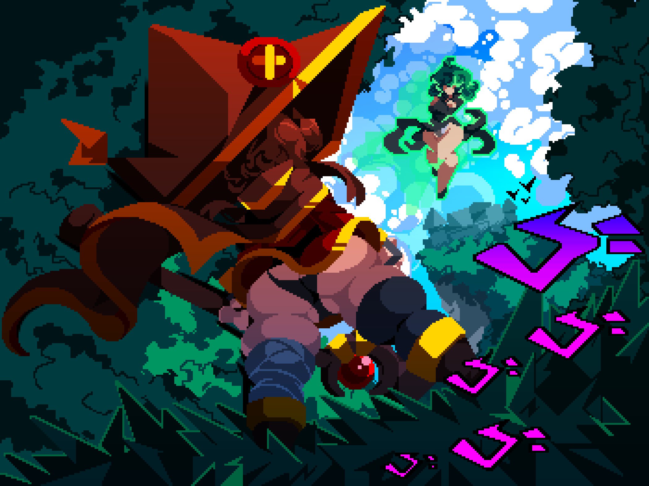 2girls, ass, ass focus, back view, background, big ass, big thighs, black clothing, black panties, blush, brown hair, color, commission, female, green eyes, green hair, kono subarashii sekai ni shukufuku wo!, looking at another, megumin, one-punch man, outdoors, pixel art, pussy, pussy outline, rear view, red eyes, sky, tamaco, tatsumaki, thick thighs, thighhighs, thighs, watermark, wide hips, witch, witch hat