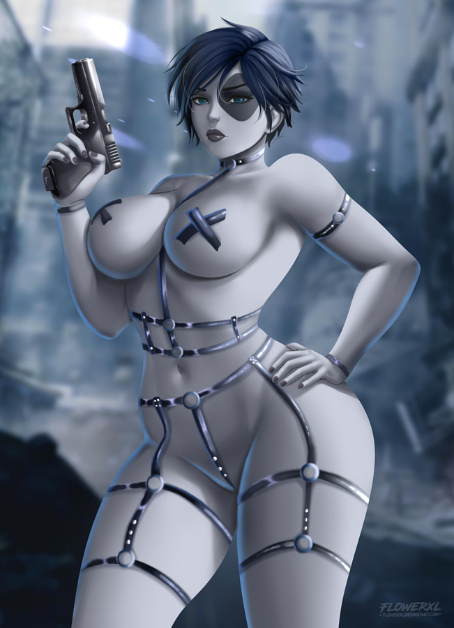 1girls big_breasts black_hair blue_eyes bob_cut bondage_outfit domino_(marvel) female female_focus female_only flowerxl gun marvel marvel_comics mutant neena_thurman nipples nipples_visible_through_clothing pale-skinned_female pasties short_hair solo solo_female solo_focus thick_thighs x-force x-men