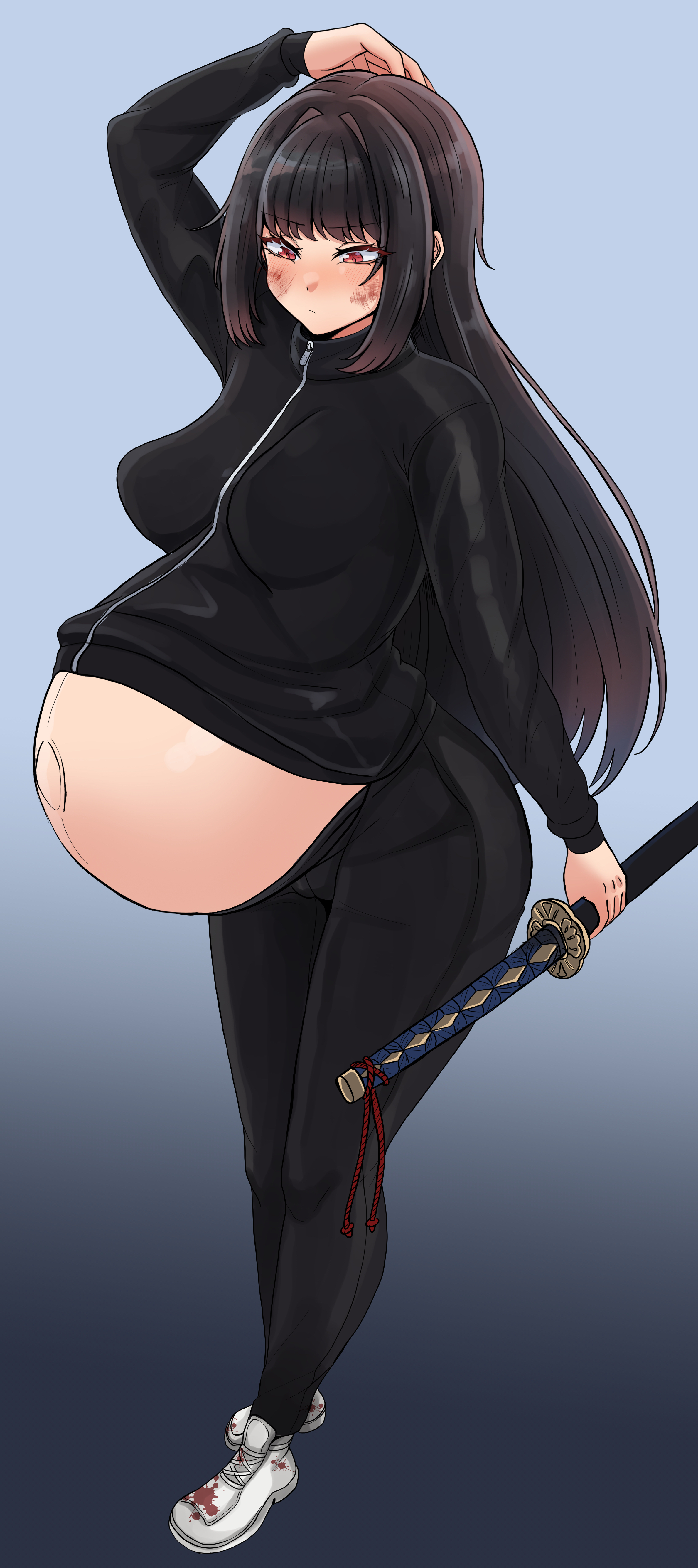 1girls, bare belly, bbambi, big belly, black hair, bloated belly, blush, clothed, clothing, female, female only, heavily pregnant, limbus company, long hair, milf, navel, outie navel, pregnant, pregnant belly, project moon, ready to pop, red eyes, ryoshu (limbus company), scratches, sword, track jacket, track suit, wardrobe malfunction