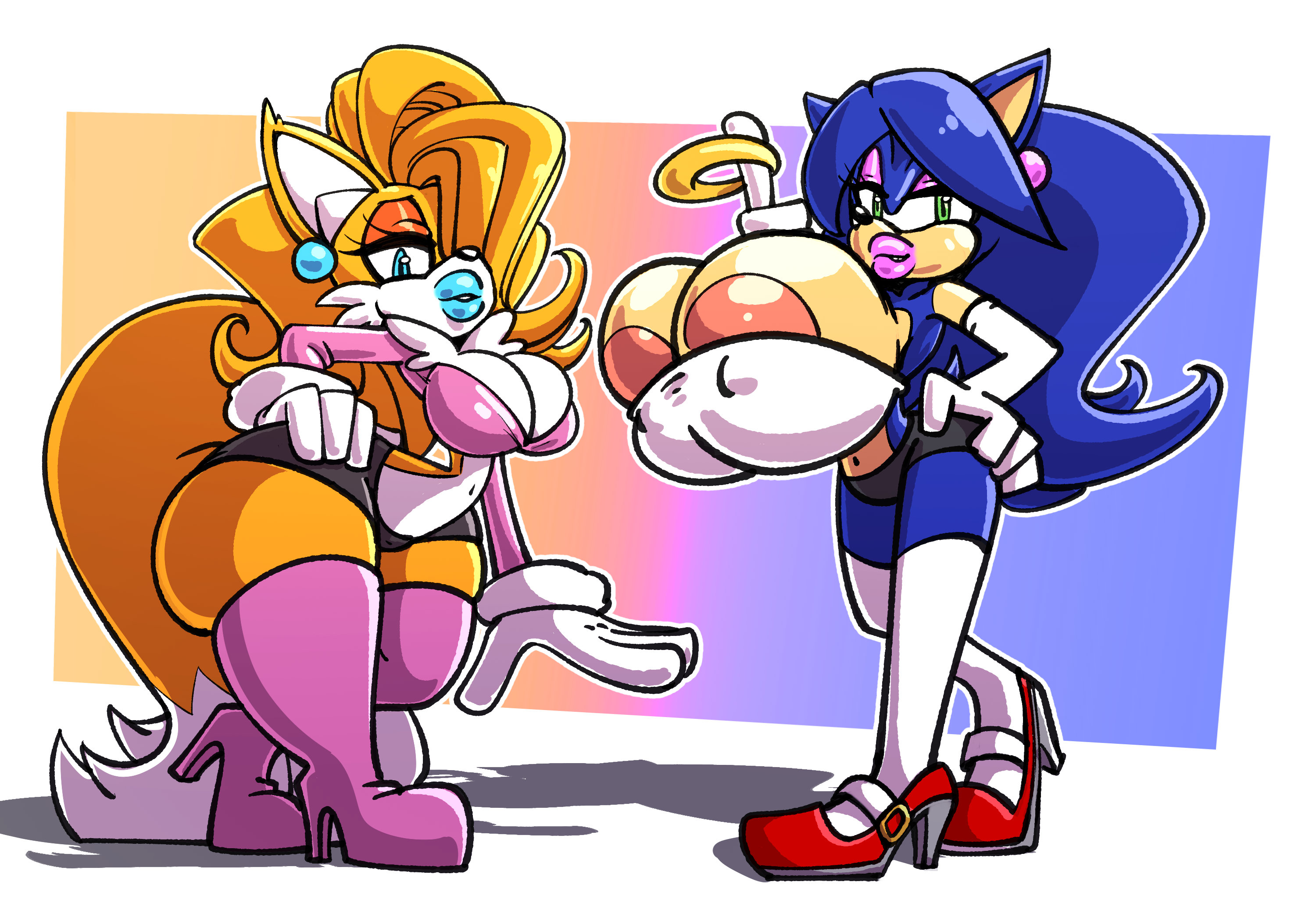 2girls, bimbo, bimbo body, bimbo boobs, bimbo lips, bimbofication, bimbofied, eyeshadow, furry, genderswap (mtf), huge breasts, lipstick, makeup, male to female, miles tails prower, nipples, revealing clothes, rule 63, sachasketchy, sega, skinny with big breasts, sonic (series), sonic the hedgehog, sonic the hedgehog (series), sonique the hedgehog, tails the fox, tailsko, thick thighs