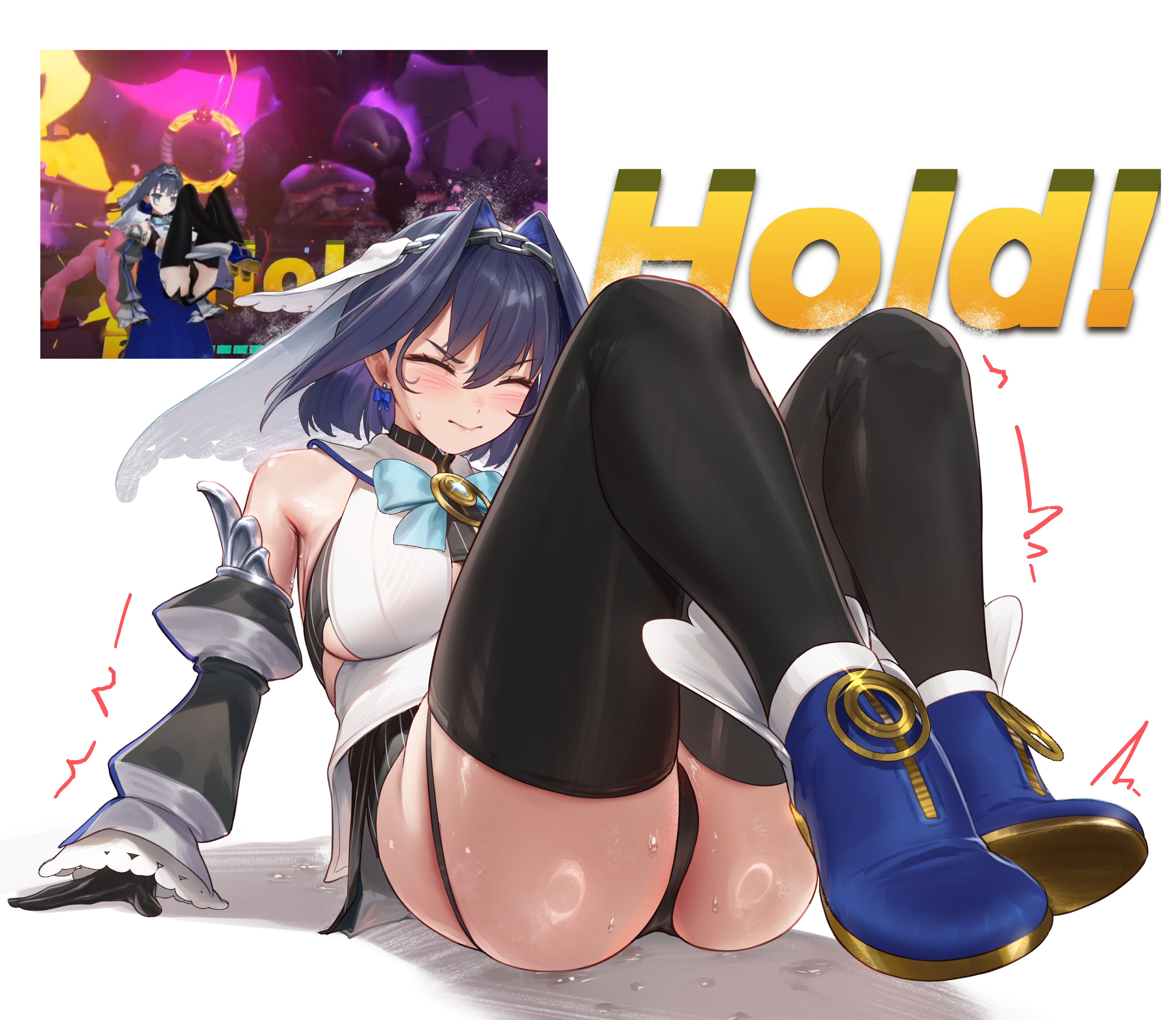 1girls, absurdres, ankle boots, ass, black gloves, black panties, black shirt, black skirt, black thighhighs, blue boots, blue bow, blue bowtie, blue hair, boots, bow, bow earrings, bowtie, breasts, chain headband, chains, closed eyes, closed mouth, cropped shirt, detached sleeves, earrings, female, female only, frilled skirt, frilled sleeves, frills, gloves, grey sleeves, headband, high heel boots, high heels, highres, hololive, hololive english, jewelry, juliet sleeves, large breasts, long sleeves, miniskirt, ouro kronii, ouro kronii (1st costume), padoruu, panties, pinstripe pattern, pinstripe shirt, pinstripe skirt, puffy sleeves, sailor collar, screenshot inset, shirt, shoe soles, short hair, simple background, skirt, solo, thighhighs, underwear, veil, vest, virtual youtuber, white background, white sailor collar, white veil, white vest