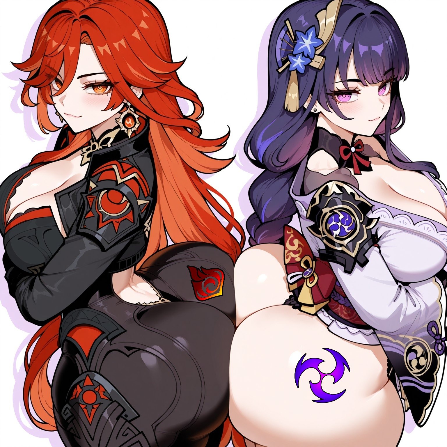 2girls, ai generated, ass to ass, electro symbol (genshin impact), female only, genshin impact, mavuika (genshin impact), raiden shogun, rayasox