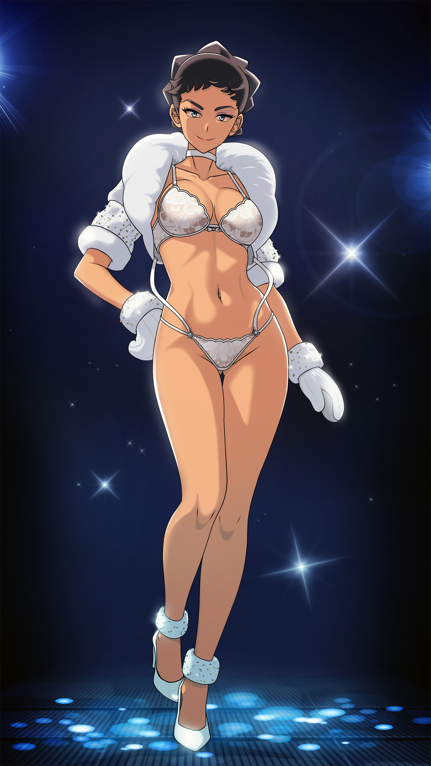 1girls, black hair, blue eyes, bottomwear, bra, breasts, choker, cleavage, clothing, coat, diantha (pokemon), fashion model, female, female only, footwear, full body, game freak, hair, handwear, heels, high heels, hips, lace, lace trim, lace-trimmed bra, lace-trimmed panties, legs, legs together, lingerie, matching underwear, medium breasts, mittens, model, neckwear, pageantry, panties, pokemon, pokemon xy, realistic proportions, short hair, smile, solo, solo female, supermodel, thighs, topwear, underwear, vivivoovoo, white bra, white coat, white panties