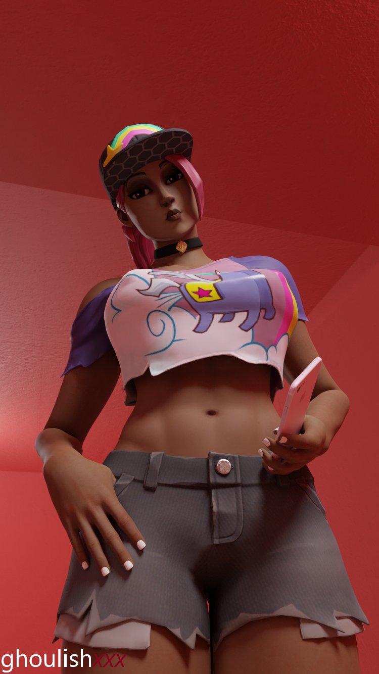 1girls, 3d, abs, beach bomber, brite bomber, brown eyes, cap, choker, dark skin, dark-skinned female, epic games, eyelashes, female, fortnite, ghoulishxxx, hat, looking at viewer, petite, phone, pink eyeshadow, pink hair, ponytail, tagme