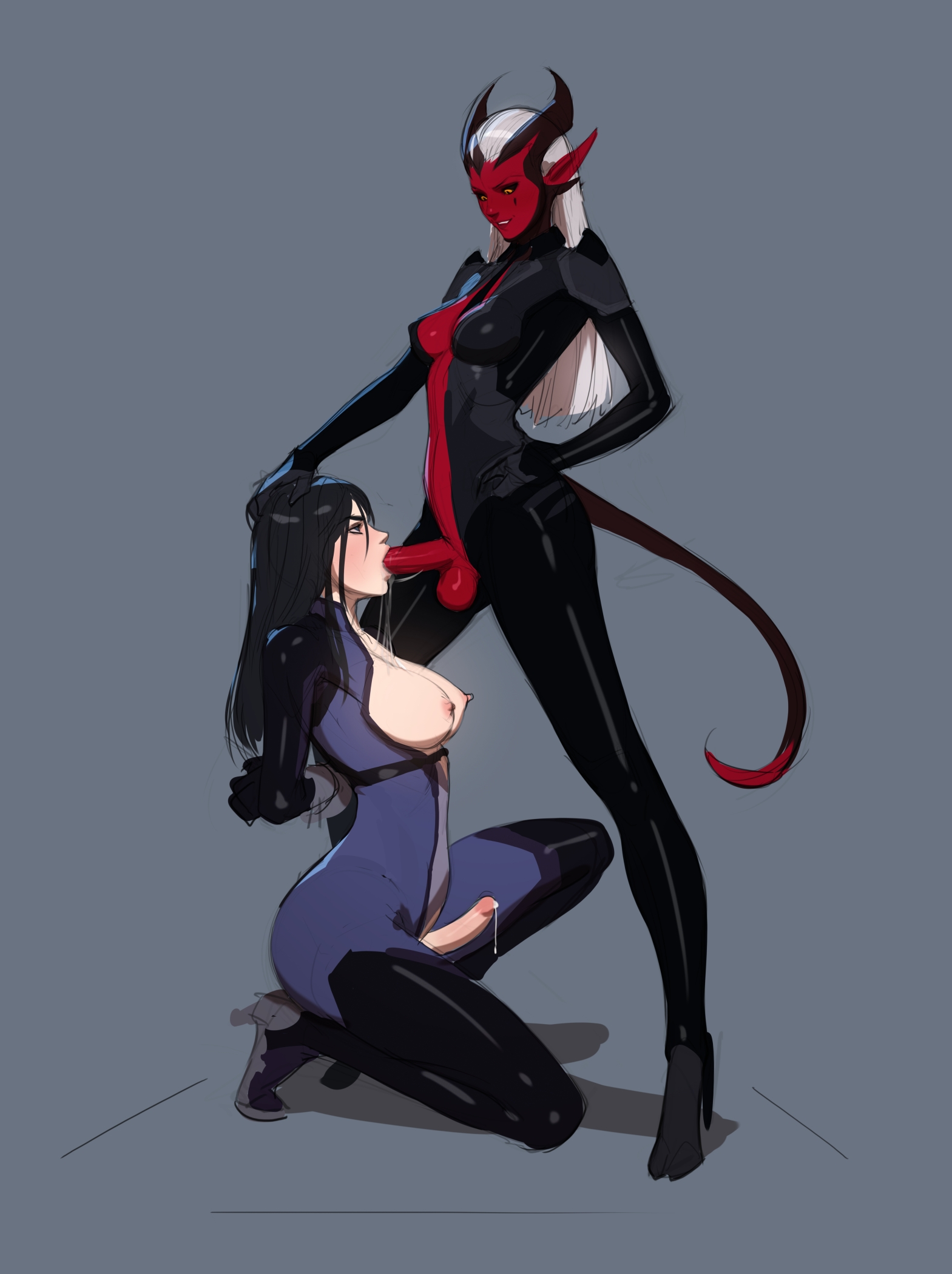 2futas, areolae, arms tied behind back, balls, black hair, black sclera, blowjob, bodysuit, breasts, breasts out, clothed, clothing, crotchless, dark skin, dark-skinned futa, demon, demon girl, demon horns, demon tail, demoness, dickgirl, erect nipples, erect penis, erection, exposed breasts, fellatio, female, forced oral, futa on futa, futa only, futadom, futanari, futasub, high heels, human, humanoid, humanoid penis, intersex, kneeling, long hair, mostly clothed, nipple bulge, nipples, oral, oral rape, original, pale skin, partially clothed, penis, penis out, precum, precum drip, rape, red skin, sex, sideboob, tarakanovich, white hair, yuna (tarakanovich)