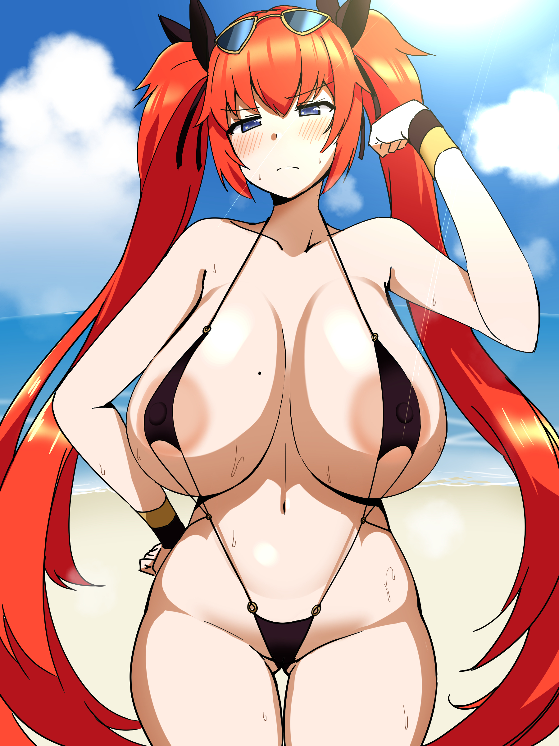 1girls, alternate costume, areola slip, beach, big areola, blue eyes, blush, breasts, female, hair ornament, hand on hip, huge breasts, last origin, long hair, looking at viewer, may of doom, may of doom (atomic sexy swimsuit) (last origin), official alternate costume, outdoors, red hair, skimpy clothes, sling bikini, solo, tomato rice, twintails